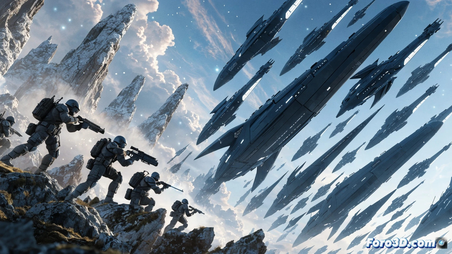 Soldiers in futuristic exosuits firing plasma rifles at alien drones over a smoldering battlefield, holographic tactical maps floating above a wrist-mounted command console, damaged starship wreckage in the background, glowing energy shields deflecting particle beams, cinematic sci-fi military scene, photorealistic rendering, dramatic smoke and sparks, dynamic action pose, ultra-detailed armor plating with metallic wear, deep space sky with ringed planet, intense orange-blue lighting contrast, motion blur on projectile trails, technical hardware details on weapon scopes and suit joints