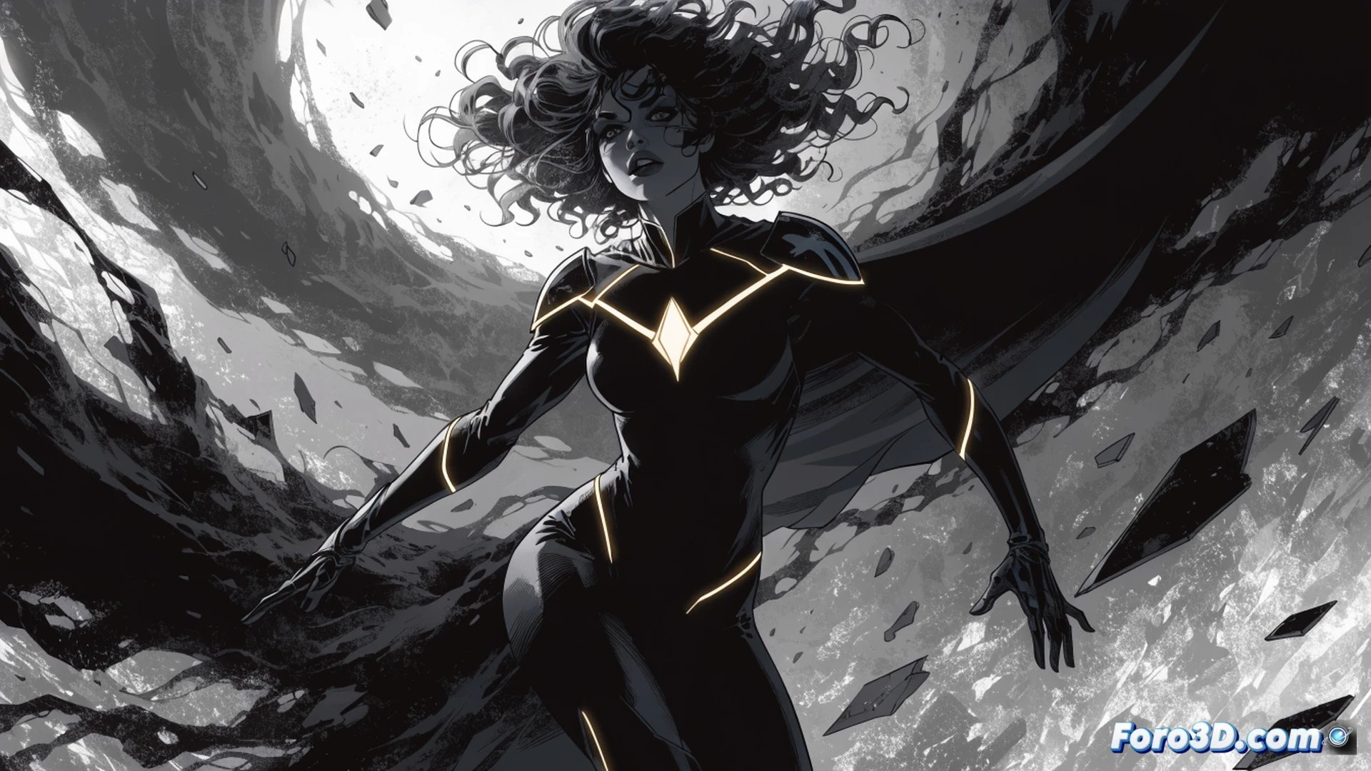 Shadow Lass generating absolute darkness in a futuristic Legion command center, black shadow tendrils engulfing a combat droid while her purple cape flows in zero-gravity, holographic displays flickering with forgotten data archives, vintage comic panel style with silver-age color palette, cinematic lighting contrasting deep shadows against bright energy beams, photorealistic illustration technique, dust particles suspended in light beams, tech console with retro-futuristic dials and cathode ray screens, dramatic action pose showing her power activation process