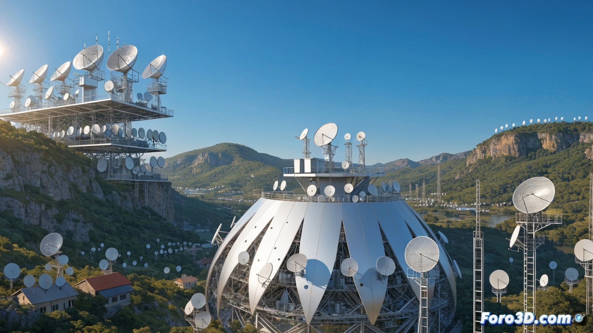 Sharp technician adjusting compact satellite antenna on rural rooftop, signal waves arcing from dish toward orbital satellite in twilight sky, portable testing tablet showing connection metrics, fibre-optic cables trailing to a small base station, distant mountains and scattered houses below, cinematic engineering visualization, metallic mesh dish surface reflecting sunset, blue LED indicators glowing, photorealistic technical render, dramatic low-angle lighting, ultra-detailed mechanical components