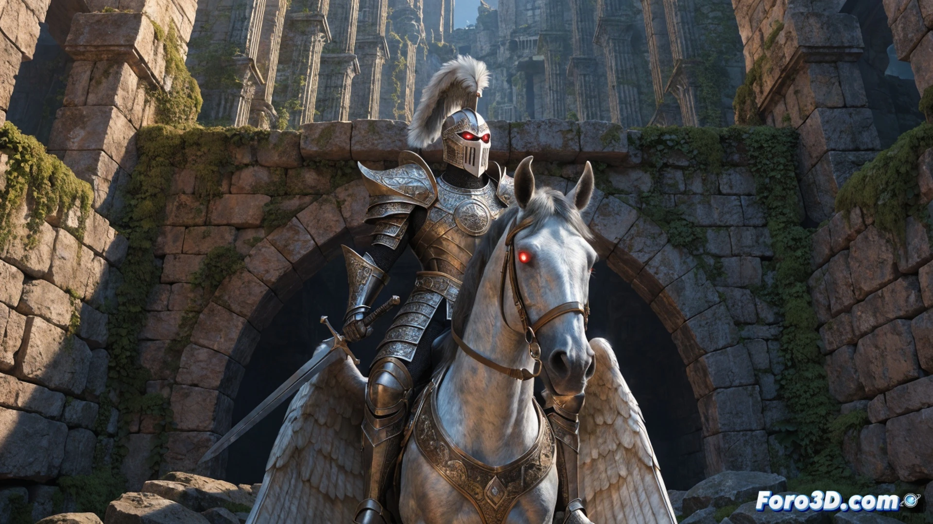 medieval knight in enchanted silver armor riding a winged horse through a smoky World War II battlefield, sword raised while deflecting a burst of machine-gun fire, glowing runes on the armor absorbing bullets, horse wings spread mid-flight, distant explosions and wrecked tanks below, cinematic photorealistic style, dramatic chiaroscuro lighting, sparks and dust particles suspended in air, motion blur on wings and cape, hyper-detailed chainmail and plate joints, dark storm clouds overhead, golden light from the sword illuminating the scene, technical illustration quality with realistic metallic reflections and smoke rendering
