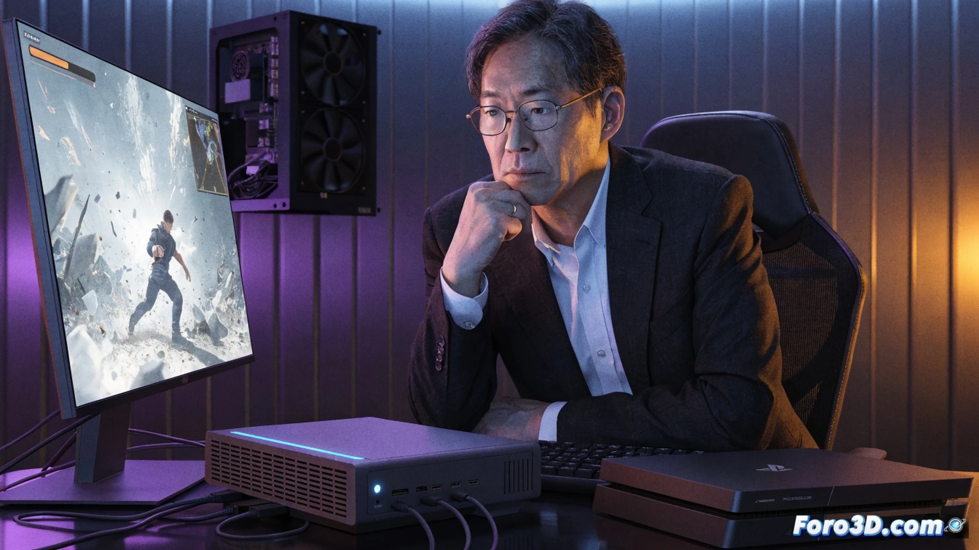 Shuhei Yoshida sosteniendo un mando de Steam Machine frente a una pantalla que muestra un juego 3D a 1080p, junto a una PS4 apagada en la misma mesa, ventiladores de la Steam Machine girando lentamente mientras el sistema arranca con una barra de carga en pantalla, interfaz sencilla de SteamOS visible, chasis compacto y silencioso, cables HDMI conectados, ingeniería de hardware detallada, estilo cinematográfico fotorrealista, iluminación suave de estudio, texturas metálicas y plásticas reflectantes, comparación técnica visual de rendimiento y diseño