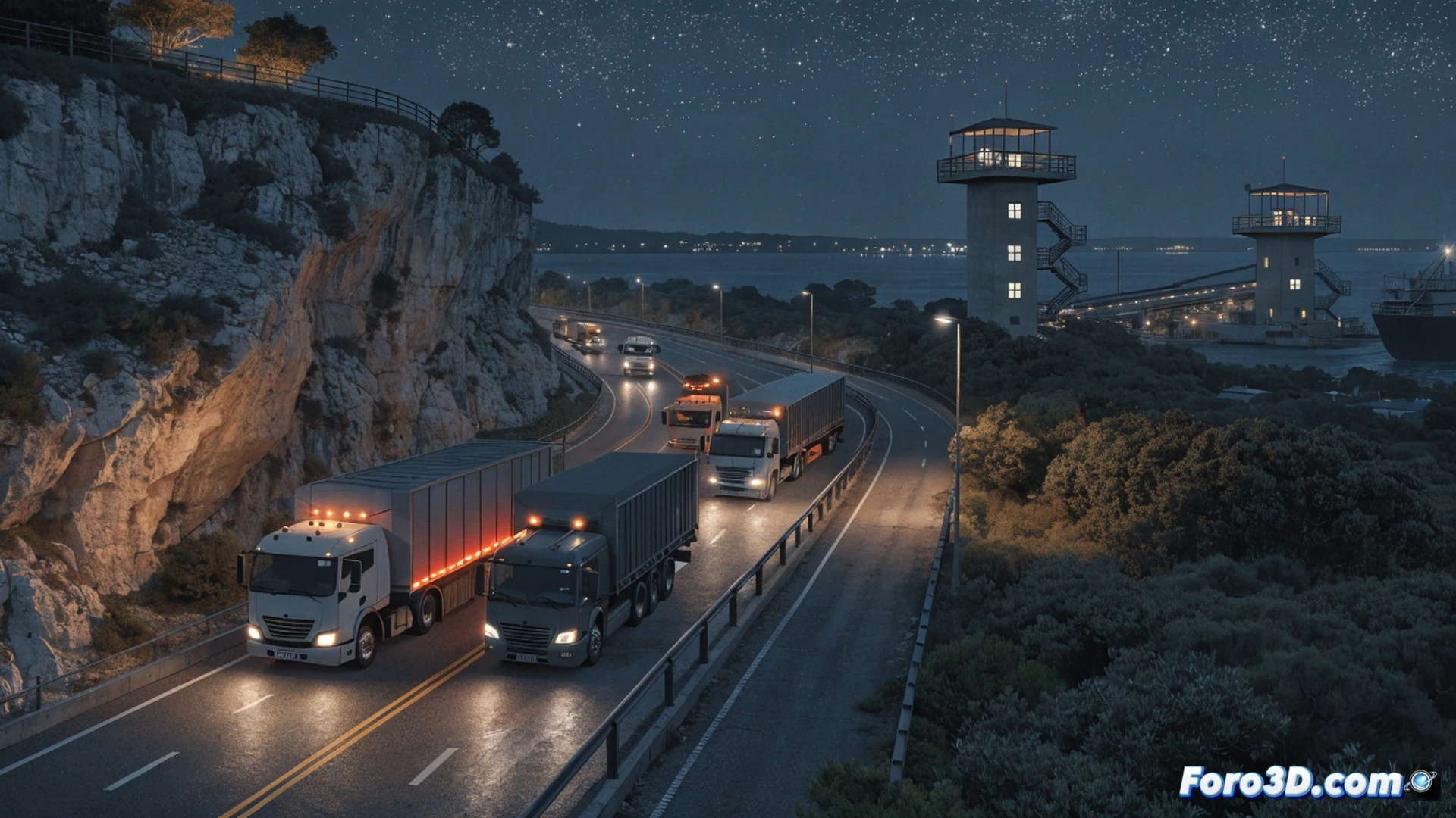 Seven garbage trucks driving at night across a ferry deck, headlights illuminating stacked waste containers, black smoke rising from an exhaust pipe, Mediterranean sea visible in background, crane loading a dumpster onto the ship, workers in reflective vests standing near hydraulic lift mechanisms, photorealistic cinematic night scene, high-angle shot showing the entire loading process, moonlight reflecting on the water, technical illustration style, sharp industrial lighting, detailed mechanical components on the trucks and ferry ramp, environmental documentary aesthetic