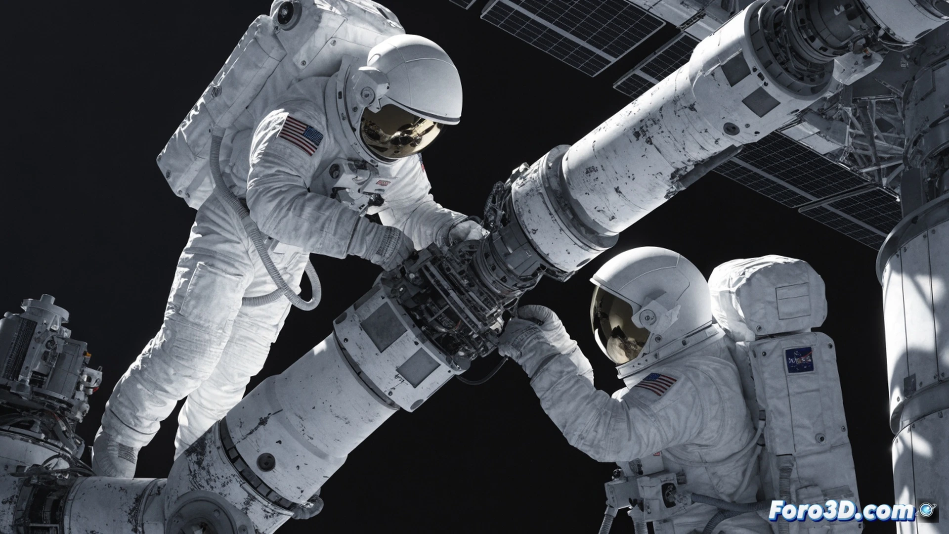 astronaut floating in microgravity outside the ISS, gripping a damaged robotic arm joint with a specialized torque wrench, replacing a metallic coupling ring while tethered to the station, Earth curved below in black space, tools floating nearby including a cable cutter and diagnostic tablet, sun glare reflecting off the arm's white thermal blankets, cinematic photorealistic engineering visualization, dramatic orbital lighting, detailed carbon-fiber and titanium textures, motion blur on rotating solar panels in background