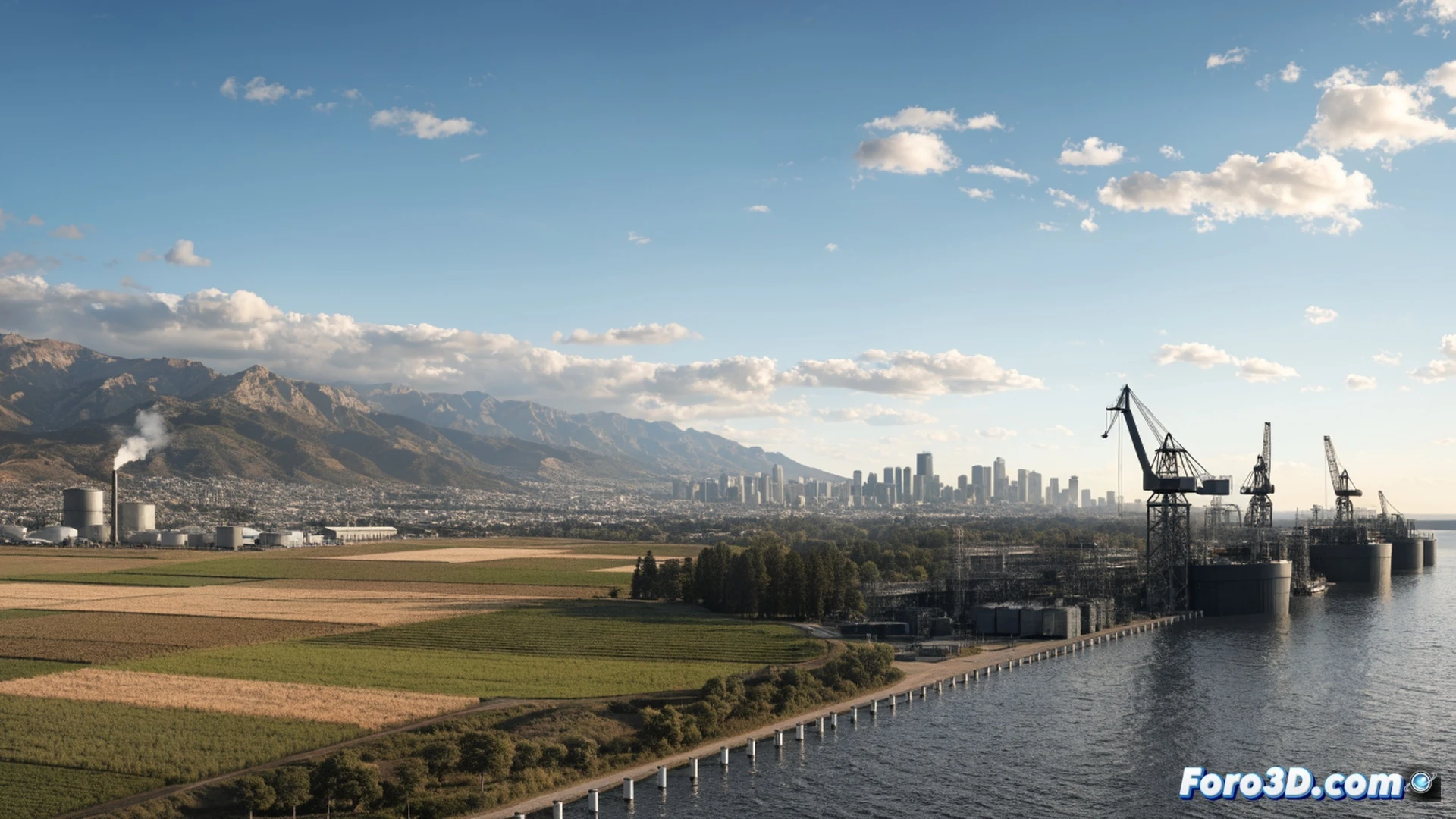 Aerial view of a vast California farmland patchwork divided by a dry riverbed, a cluster of luxury tech offices and construction cranes on one side, a massive empty shipyard dock with rusted crane arms on the other, a group of silhouetted protesters holding signs blocking a dirt road while a sleek autonomous drone surveys from above, photorealistic cinematic landscape, dramatic golden hour shadows over cracked earth, ultra-detailed agricultural fields vs industrial steel structures, high-contrast lighting emphasizing the clash between nature and tech expansion, technical engineering visualization