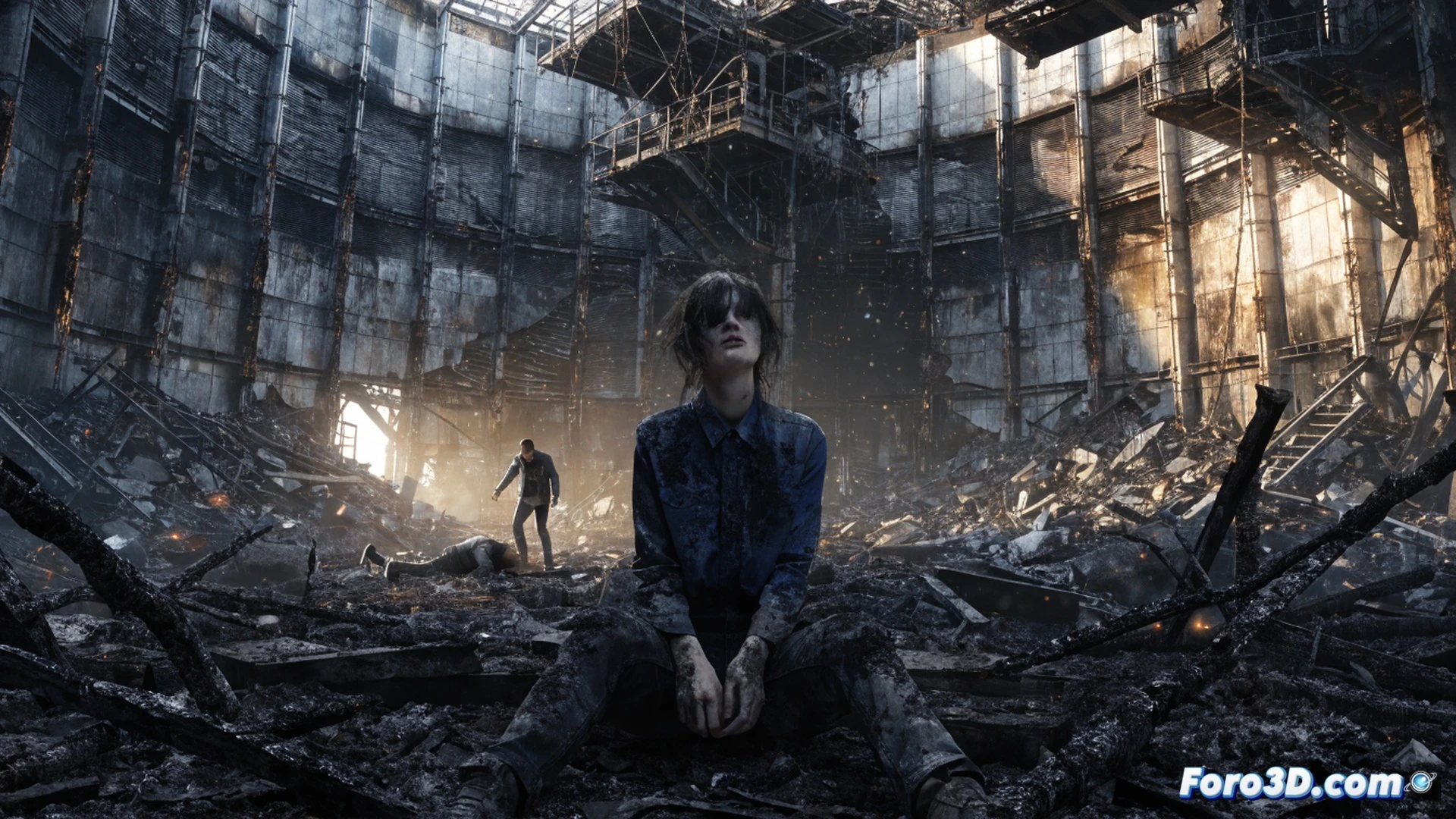 Silo interior en llamas tras incendio, Juliette de pie entre cenizas humeantes, manos manchadas de hollín, mirada perdida y confusa, fondo con paneles de control carbonizados y cables fundidos, Bernard caído en segundo plano con Sims sosteniendo una llave inglesa manchada, humo denso y partículas suspendidas en el aire, estilo cinematográfico fotorrealista, iluminación dramática con destellos rojos y naranjas, texturas de metal quemado y vidrio roto, composición vertical con profundidad de campo, tonos oscuros y cálidos, ultra detallado