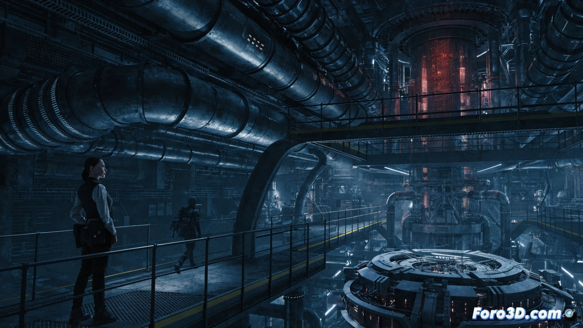 massive underground concrete bunker interior with holographic control panels, Rebecca Ferguson character in mechanic jumpsuit analyzing a glowing blue schematic on a digital tablet, Common character examining a rusted metal door with a laser scanner tool, showrunner Graham Yost standing near a server rack with blinking LED lights, cinematic sci-fi engineering visualization, dramatic low-key lighting with orange emergency lights and cold blue monitor glow, dust particles floating in the air, metallic pipes and cables along curved walls, photorealistic technical render, detailed hardware components, action of inspecting and discussing, demonstrating maintenance process, ultra-realistic industrial textures