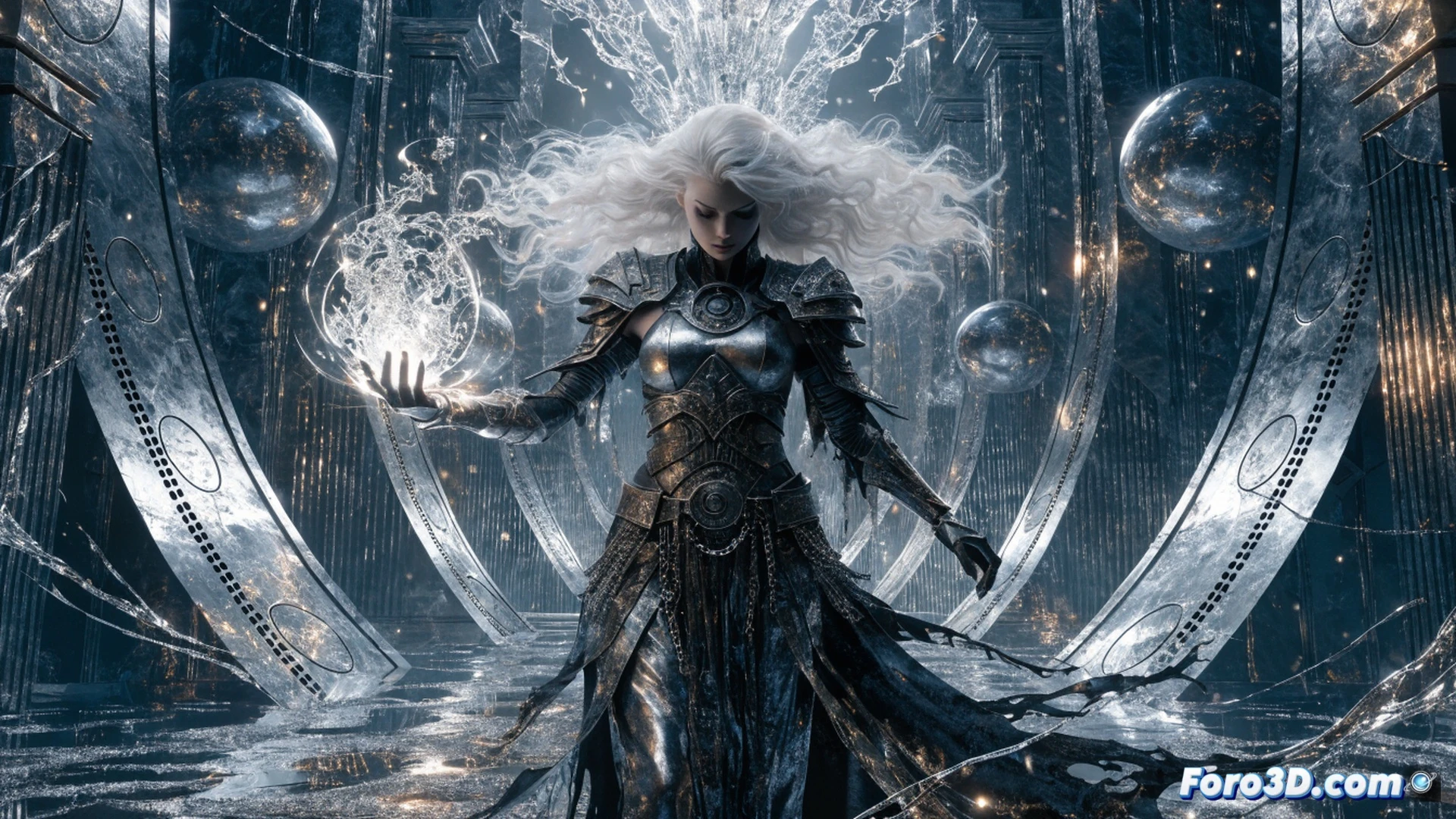 Silver Sorceress casting a fading spell while her body becomes translucent, arcane energy dissolving into digital particles around her hands, a glowing magical staff slipping through her fingers, ancient spellbook pages turning blank, surrounded by shifting comic panels from Justice League era that crumble into dust, cinematic fantasy visualization, dark blue and silver magical smoke swirling, dramatic spotlight from above, photorealistic magical realism, ultra-detailed fabric textures on her cape fading to static, mystical energy trails disintegrating, haunting atmospheric lighting, cinematic 4K render