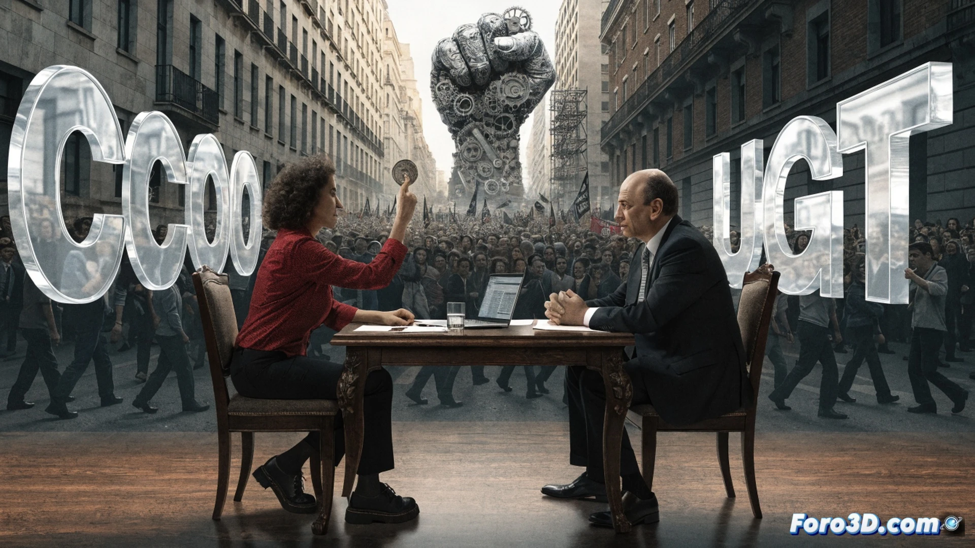 massive industrial meeting hall, union leaders standing at a podium with stacked cash bundles visible in transparent plexiglass cases, workers in coveralls and hard hats filling the foreground, a digital countdown timer on a large screen reading 31 julio with red warning glow, workers holding picket signs with blank surfaces, a broken clock on the wall showing stopped time, dramatic cinematic lighting from overhead spotlights casting long shadows, photorealistic technical illustration, high contrast between bright stage and dark audience, sweat on faces, clenched fists, industrial concrete floor with scuff marks, ultra-detailed textures on fabric and metal