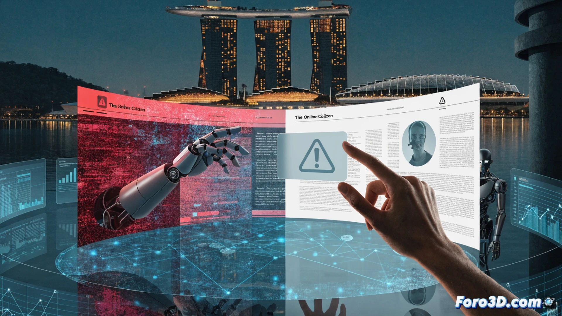 digital warning banner appearing on a smartphone screen while visiting a news website, glowing red alert icon with a shield symbol, background shows a blurred city skyline of Singapore at dusk, a hand holding the phone with a tense grip, technical elements include browser interface with blocked ad revenue indicator, network traffic lines visualized as red warning pulses around the device, photorealistic cinematic render, dramatic side lighting, high contrast shadows, ultra-detailed screen reflection, modern urban environment, cybersecurity visual metaphor, motion freeze capturing the moment of restriction