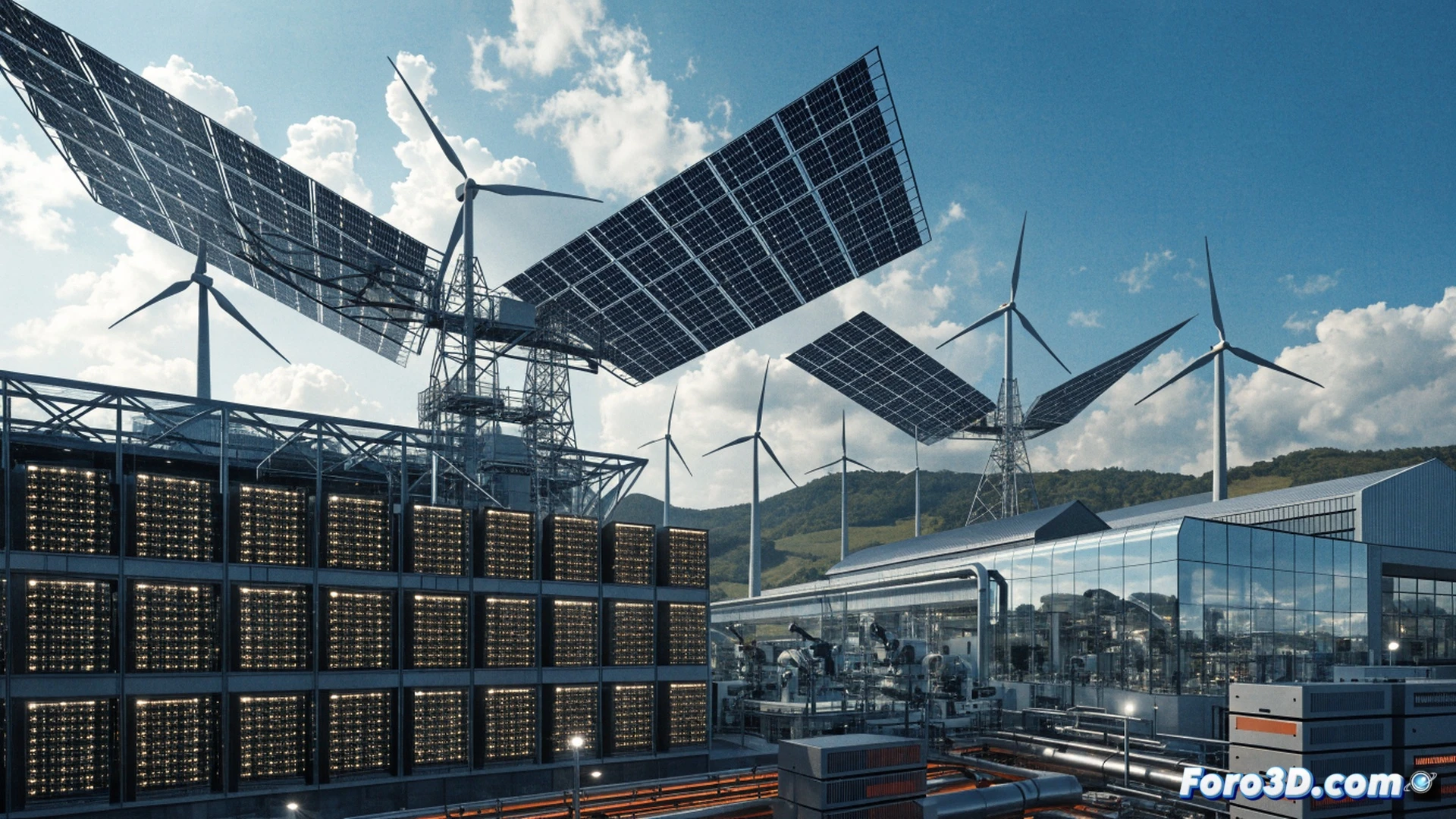 solar panels and wind turbines powering a futuristic AI data center in South Korea, glowing energy lines flowing from renewable sources into server racks and chip fabrication equipment, technicians monitoring real-time clean energy distribution on holographic displays, dramatic sunset sky with industrial cooling towers in background, cinematic photorealistic engineering visualization, ultra-detailed metallic textures, bright clean energy arcs linking solar farm to data center, motion blur on rotating turbine blades, high-tech control room interface with glowing circuit patterns