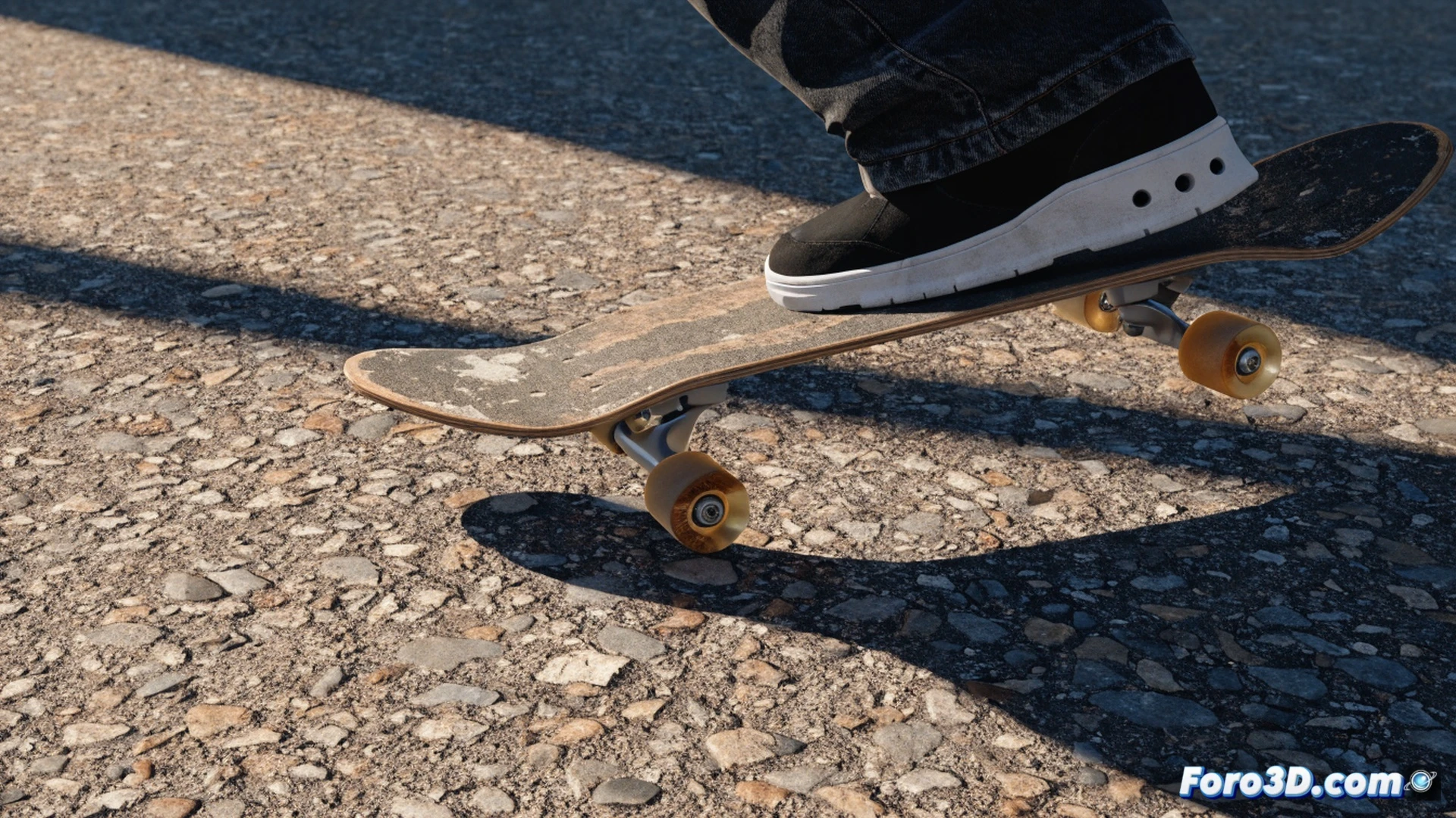 skateboard wheels grinding against rough asphalt surface during a technical trick, normal map texture lines visible on the pavement creating ultra-detailed bumps and cracks, Frostbite Engine wireframe overlay showing real-time physics calculation nodes around the wheel contact patch, character animation skeleton blending with wheel rotation data, urban environment with concrete sidewalk and metal rail, cinematic engineering visualization, dramatic low-angle lighting casting long shadows, photorealistic technical render with motion blur on spinning wheels and dust particles