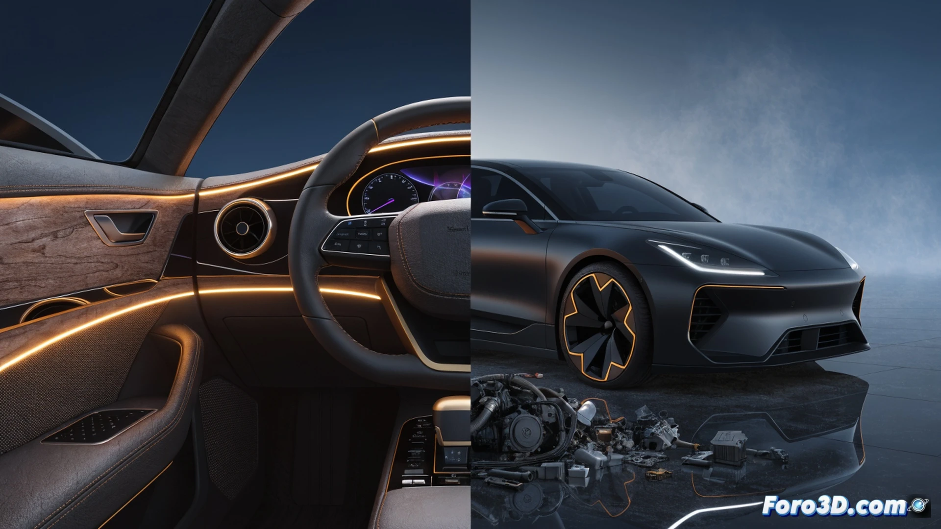 Empty showroom floor with a single Skywell electric SUV under harsh fluorescent lights, front bumper partially removed revealing exposed wiring and a missing battery pack, a mechanic in coveralls holding a disconnected diagnostic tablet showing error screens, dust settling on the concrete floor, overturned tool cart with scattered wrenches, dark oil stain spreading from under the vehicle, cinematic technical illustration, cold blue and grey industrial lighting, photorealistic render, abandoned dealership atmosphere, sharp focus on mechanical failure details, dramatic shadow play across the stripped chassis