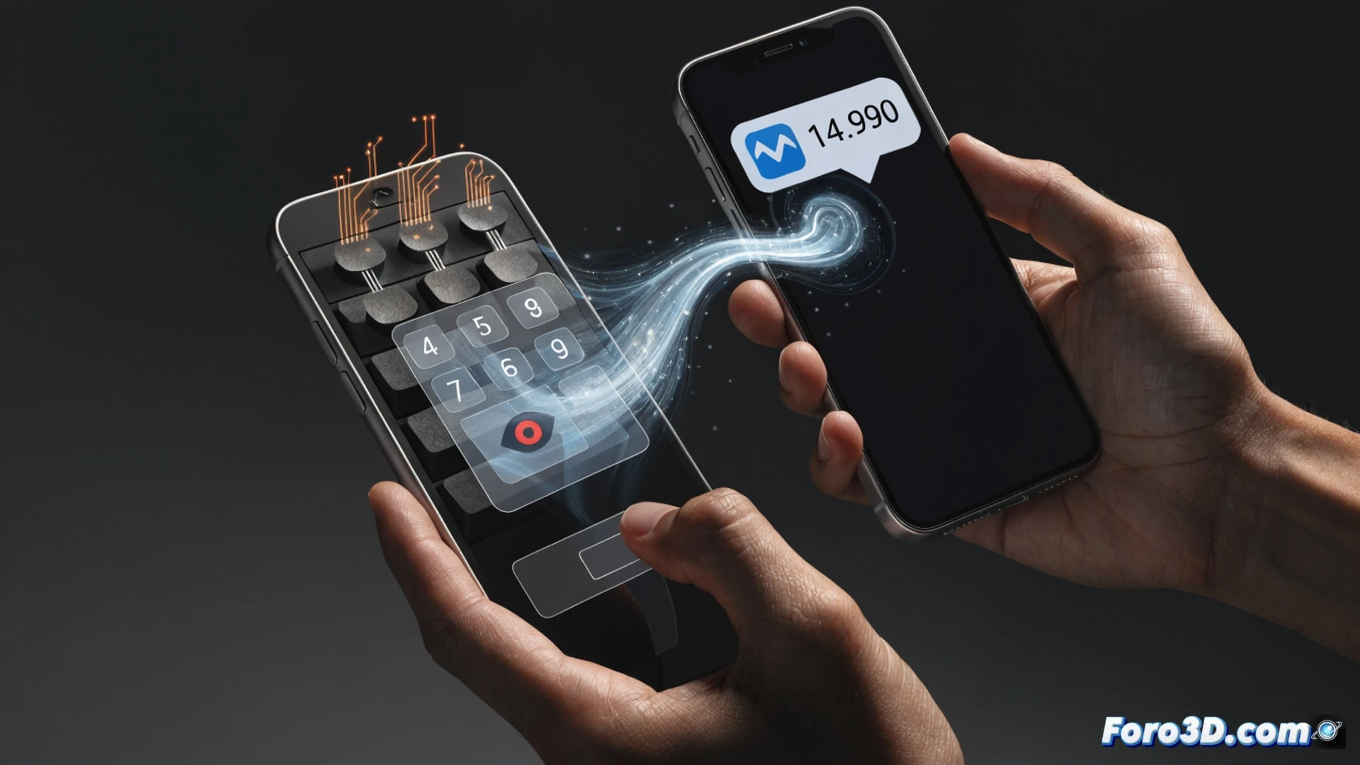smartphone screen glowing with a fake SMS notification showing a large transfer alert, a finger hovering over a malicious link, behind the phone a laptop screen displaying a banking login page with a code entry field, digital padlock icons breaking apart, dark background with faint binary code patterns, photorealistic technical illustration, cinematic lighting casting shadows, cybercrime investigation style, ultra-detailed phone screen cracks symbolizing security breach, motion blur on the finger pressing the link, glowing red warning lines around the code entry box, realistic glass reflections, high-contrast dramatic composition