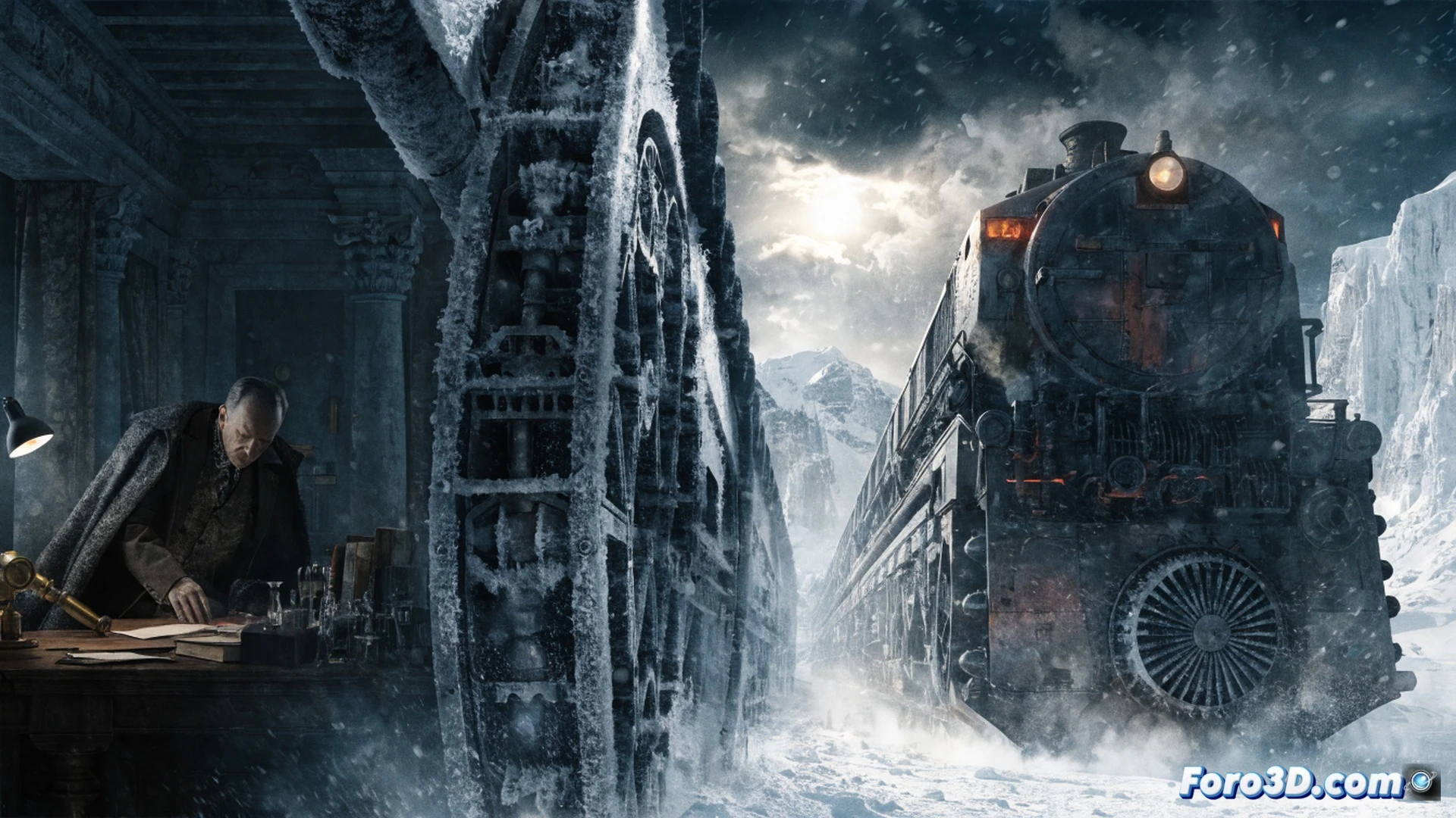 Snowpiercer locomotive engine room interior, mechanical pistons and steam valves in motion during a resource distribution conflict, passengers from tail section climbing through exposed wiring and ventilation ducts while Sean Bean character observes from a control platform above, orange emergency lights casting long shadows across metallic catwalks, broken glass and scattered tools on grated floors, cinematic dystopian visualization, cold blue atmosphere contrasting with warm sparks from malfunctioning machinery, photorealistic technical render, dramatic chiaroscuro lighting, ultra-detailed industrial components showing rust and wear