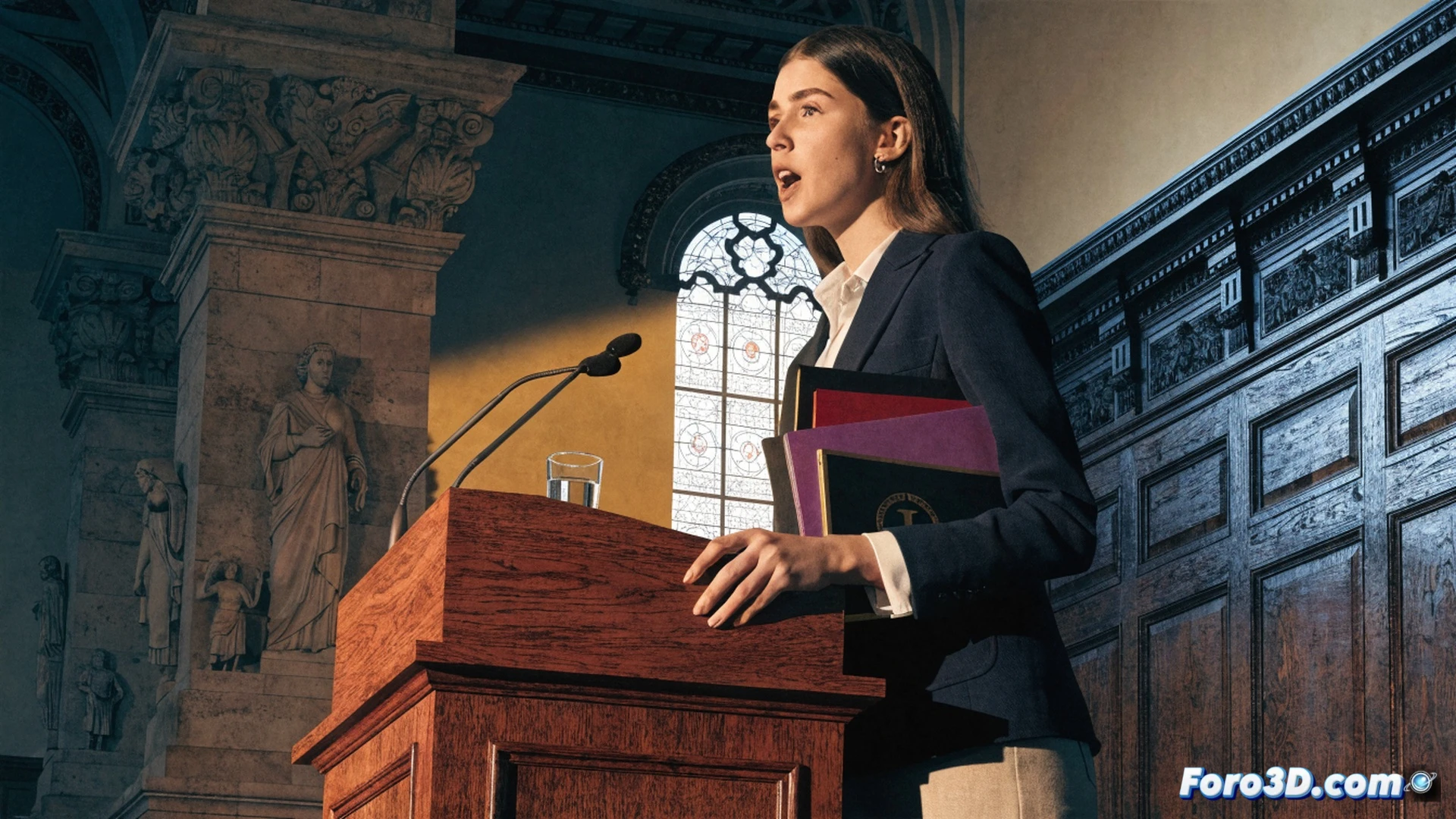 Joven princesa de 19 años en atril moderno con micrófono, discurso oficial en auditorio, fondo pantalla digital mostrando becas educativas, mapas de Zaragoza y gráficos de fundación, manos sosteniendo documento mientras público observa atentamente, estudiantes con mochilas y libros esperando entrega de ayudas, vestimenta formal azul marino, iluminación teatral desde arriba, fotografía técnica estilo documental cinematográfico, colores sobrios con acentos dorados, arquitectura interior con butacas y paneles acústicos, cámara lenta capturando gesto de hablar, profundidad de campo suave, texturas de madera y metal pulido.