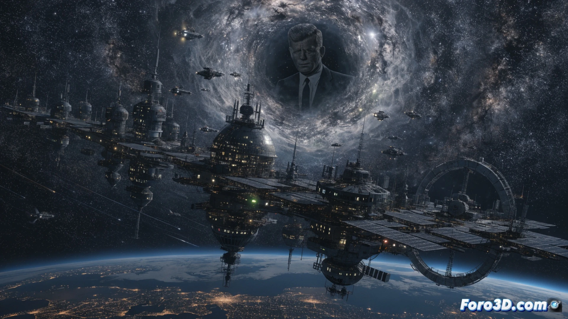 Cold-war era alternate history space station under construction, massive orbital ring partially completed above Earth's curved horizon, Saturn V rocket docked to a central hub, temporal distortion waves rippling across the metallic hull, astronaut in vintage NASA suit holding a broken timepiece while drifting near a docking port, solar panels casting long shadows, glowing blue energy arcs between structural beams, realistic cinematic lighting with deep space darkness, photorealistic engineering visualization, debris particles frozen mid-motion, dramatic contrast between polished metal and cosmic void