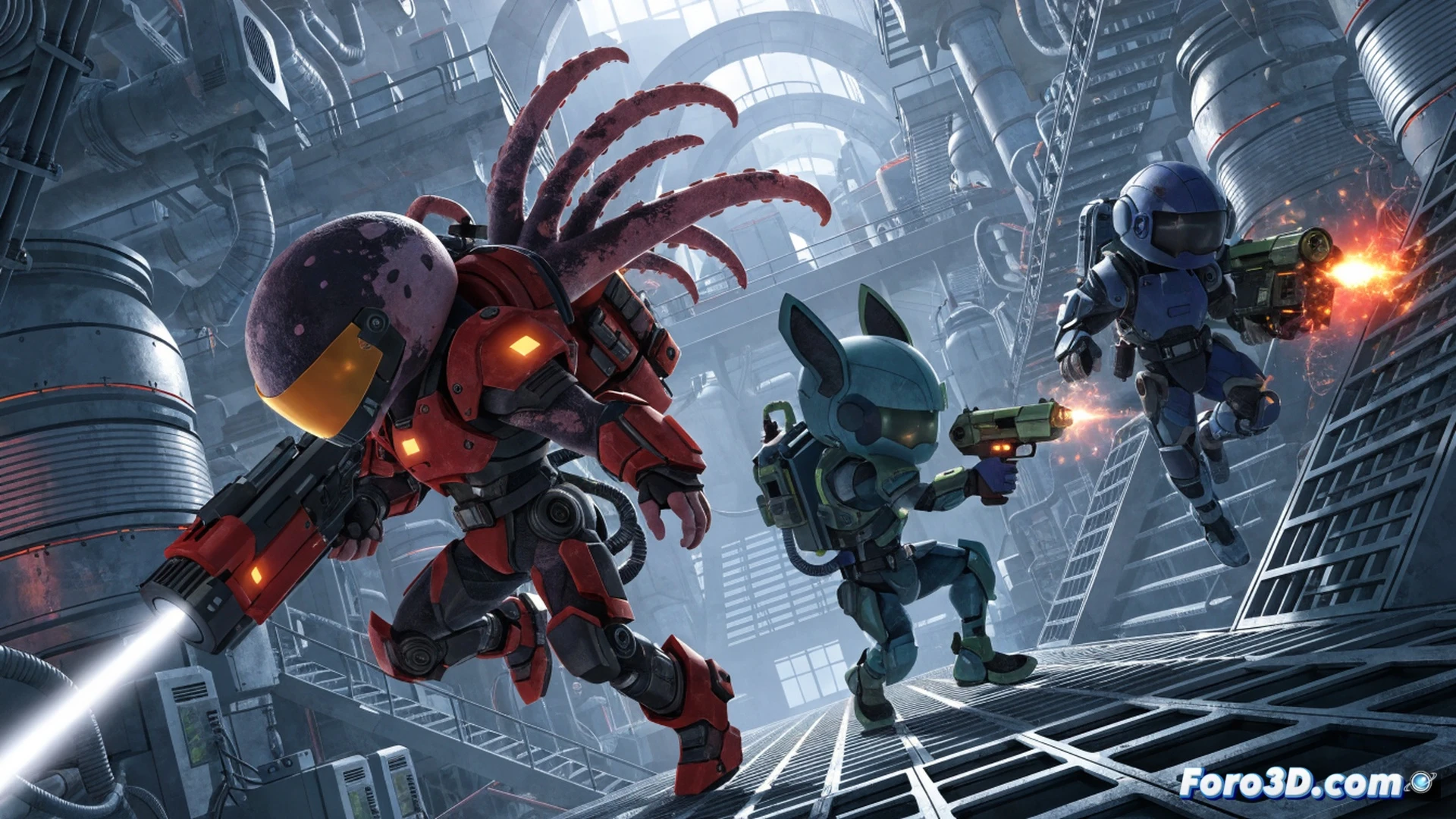 Ink-covered Splatoon character aiming a paint roller weapon at a swarm of robotic Octarian enemies in a neon-lit urban plaza, holographic targeting reticle floating above the weapon, paint splatters hitting mechanical limbs during combat, customized gear with glowing armor upgrades visible, calm solo-player action scene, no other human players present, cinematic technical illustration, vibrant ink trails mixing with metallic debris, dramatic shadows from overhead streetlights, photorealistic game-engine render