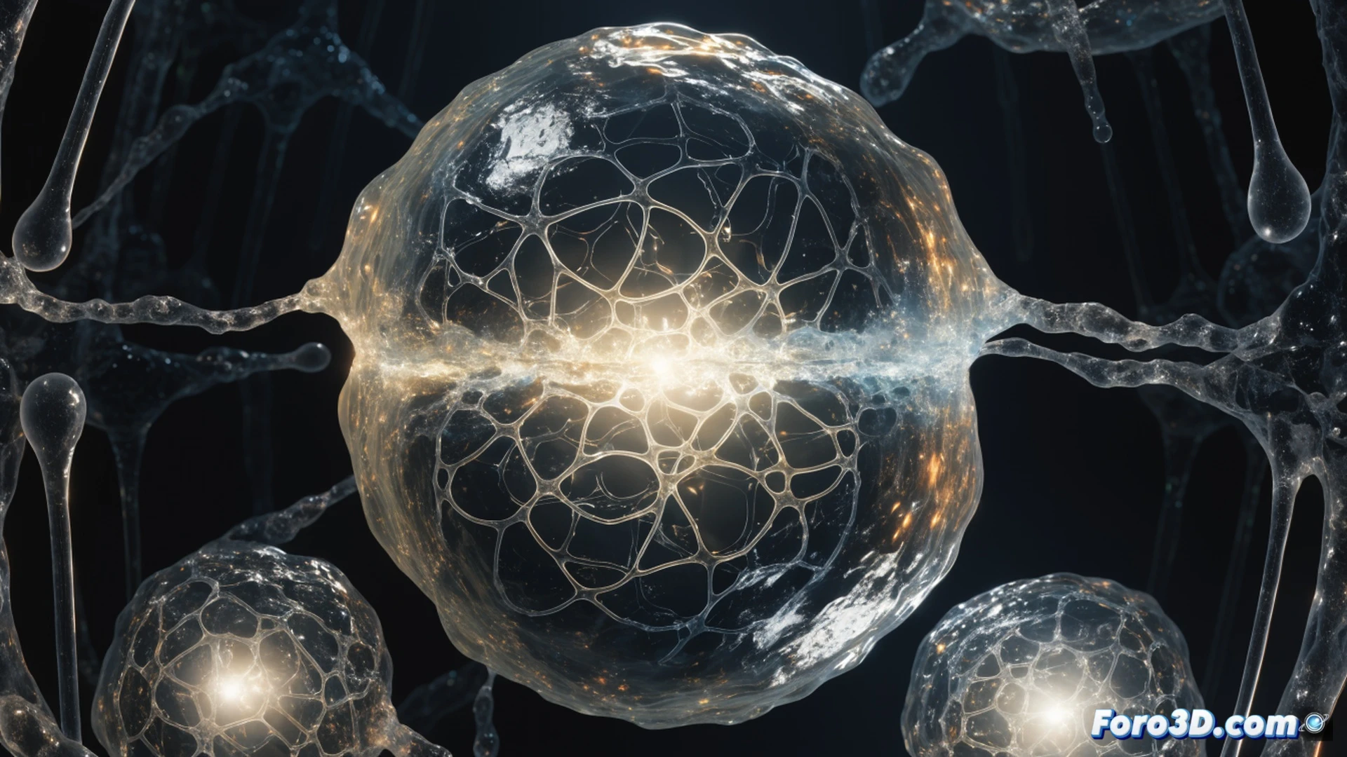SpudCell synthetic cell in a petri dish, glowing blue membrane undergoing binary fission, only five divisions visible as faint rings, a robotic microinjector providing external nutrients through a glass capillary, digital monitor showing 36 gene sequences and division countdown, sterile laboratory environment, cinematic technical illustration, photorealistic biotech render, dramatic edge lighting, shallow depth of field focusing on the dividing cell, high detail on membrane texture and pipette tip, soft blue ambient glow from the dish