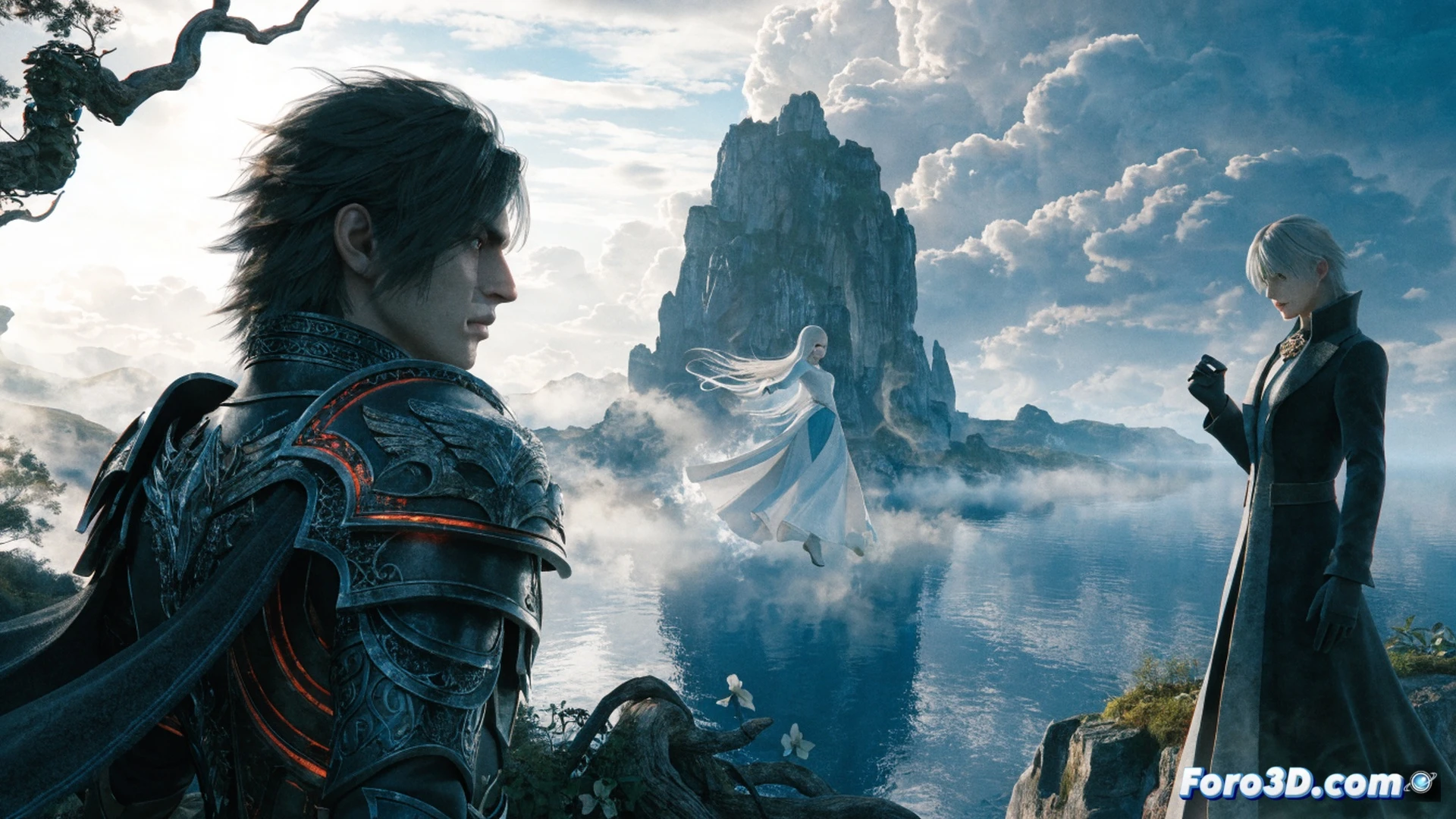 RPG open world scene transitioning from home console to portable device, Noctis standing on a rocky cliff overlooking a vast fantasy landscape, his right hand holding a glowing engine blade while his left hand rests on a Switch 2 console displaying the same game world, game engine rendering pipeline shown as translucent blue lines connecting the console to a cloud server, stylized technical diagram of hardware components floating nearby including GPU chip and cooling fan, cinematic photorealistic visualization with dramatic sunset lighting, particle effects from magical energy swirling around the console, ultra-detailed character model with fabric textures and hair strands, dynamic action pose demonstrating seamless portability concept