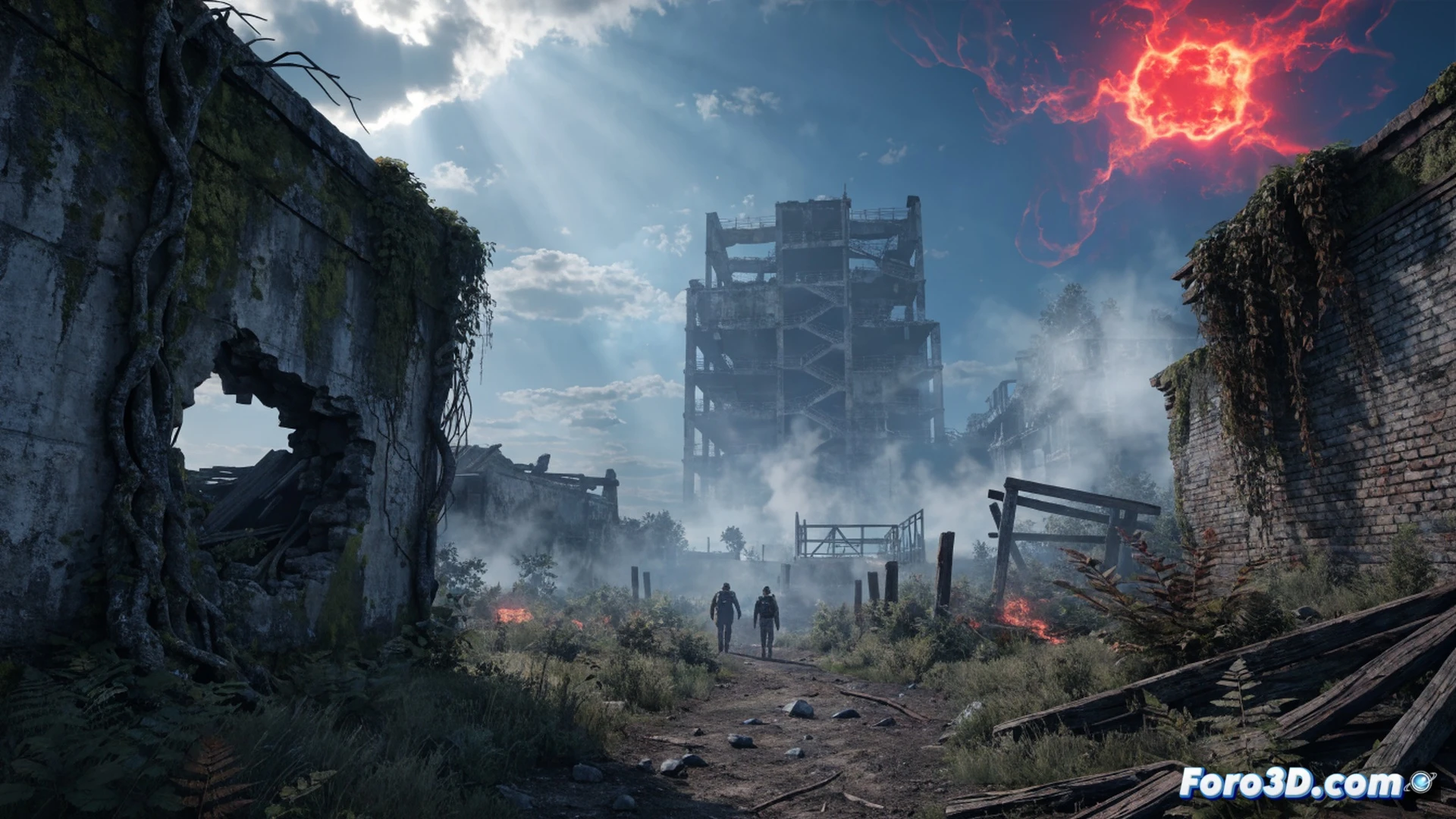 abandoned power plant interior in ukraine, photogrammetry scan process shown with a camera drone hovering over rusted metal beams, unreal engine 5 nanite geometry and lumen lighting rendering realistic decay, vegetation breaking through cracked concrete, dynamic storm clouds casting shifting shadows through broken roof, anomaly distortion effect bending light rays near a glowing reactor core, cinematic photorealistic technical visualization, ultra-detailed textures from real-world scans, dramatic atmospheric lighting, volumetric fog, motion blur on drifting radioactive particles