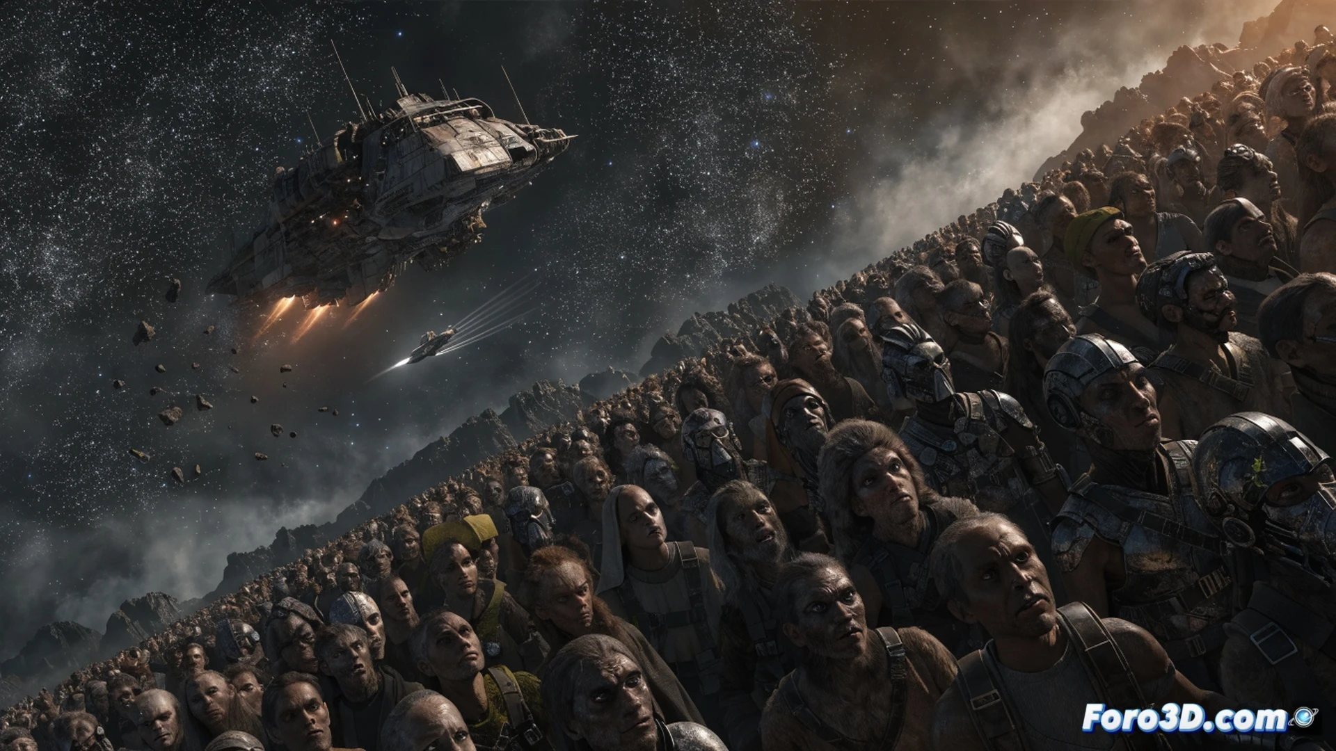 alien crowd scattering across a Coruscant-style landing platform while a sleek starship hovers during landing, engine wash distorting atmospheric haze, Quantic Dream s proprietary engine rendering cinematic photorealistic detail, oclusión ambiental casting soft shadows between alien limbs and ship hull, virtual camera rig floating mid-scene demonstrating cinematic composition with depth of field and lens flare, hyper-detailed mechanical struts and alien skin textures visible, technical engineering visualization with glowing wireframe overlays tracing light paths and occlusion zones, dramatic blue-orange lighting from ship thrusters, ultra-realistic metallic reflections, motion blur on scattering figures, photorealistic cinematic technical illustration