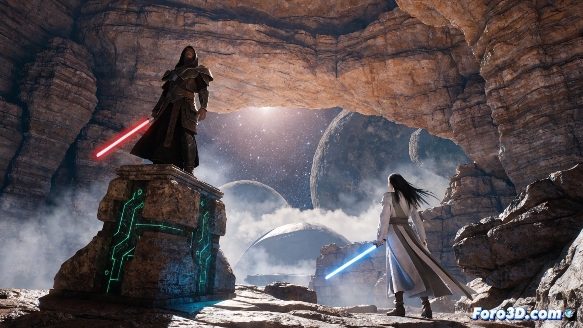 Jedi y soldados Sith enfrentándose en un templo reconstruido de la Antigua República, sables láser azul y rojo iluminando dinámicamente el entorno de piedra y metal, reflejos especulares en armaduras y superficies pulidas, Unreal Engine 5 Lumen global illumination en acción, partículas de polvo levantadas por el combate, arquitectura sci-fi clásica transformada con texturas fotorrealistas, cinemática técnica mostrando engine de iluminación dinámica ambiental, profundidad de campo y alto contraste, demostrando recreación total de planeta icónico