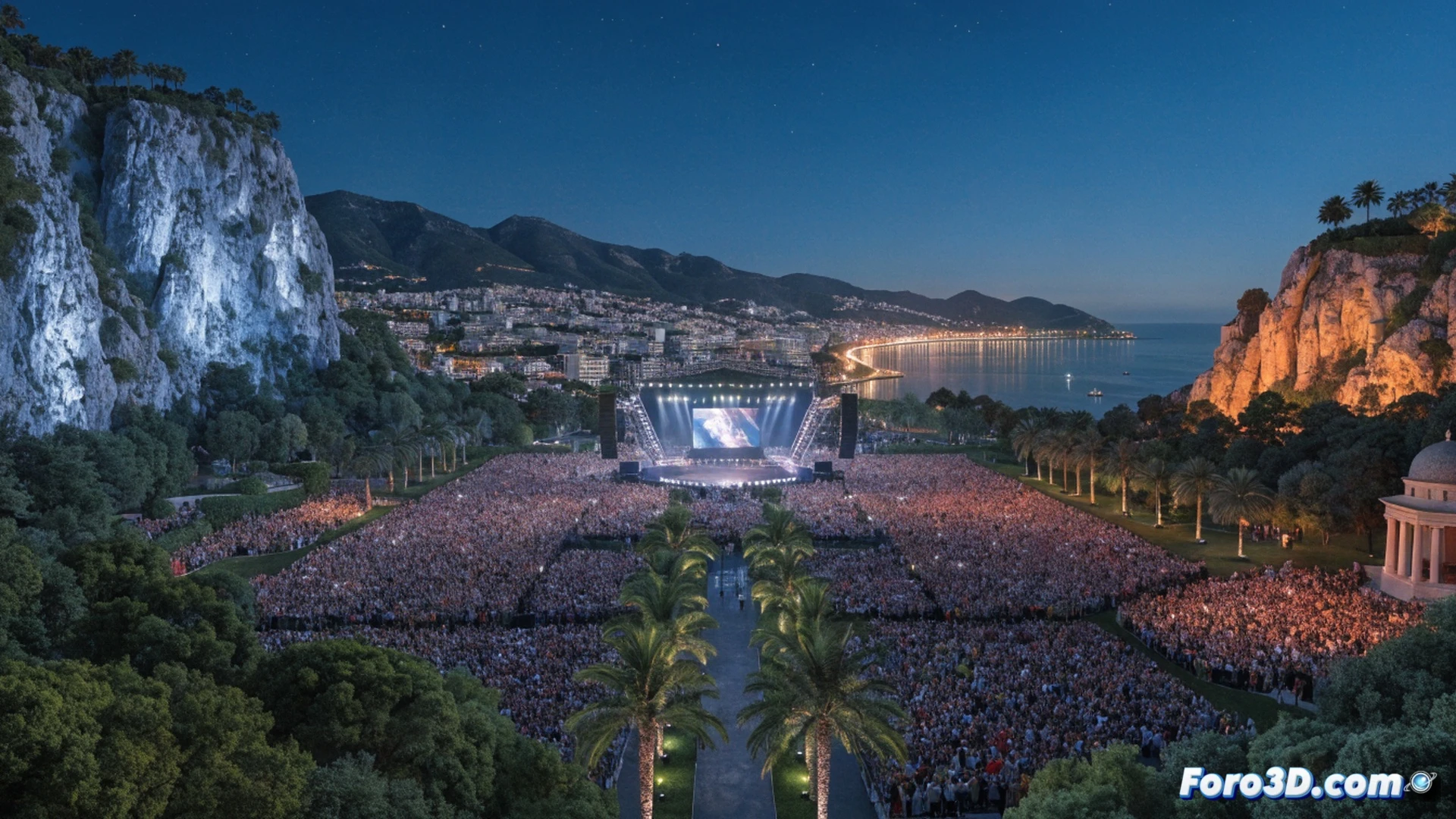 Starlite Occident Marbella XV aniversario, escenario al aire libre al atardecer sobre la Costa del Sol, multitud de 350.000 asistentes en acción durante un concierto, focos LED iluminando el escenario de madera y acero, ingenieros de sonido ajustando consolas digitales y micrófonos de condensador, pantallas gigantes mostrando primeros planos del artista, mesas con propuestas gastronómicas gourmet en primer plano, público aplaudiendo y grabando con smartphones, ambiente festivo con luces cálidas y destellos de bengalas, estilo cinematográfico fotorrealista, cielo anaranjado y mar de fondo, texturas ricas en metales y telas, iluminación dramática de concierto, ultra detallado