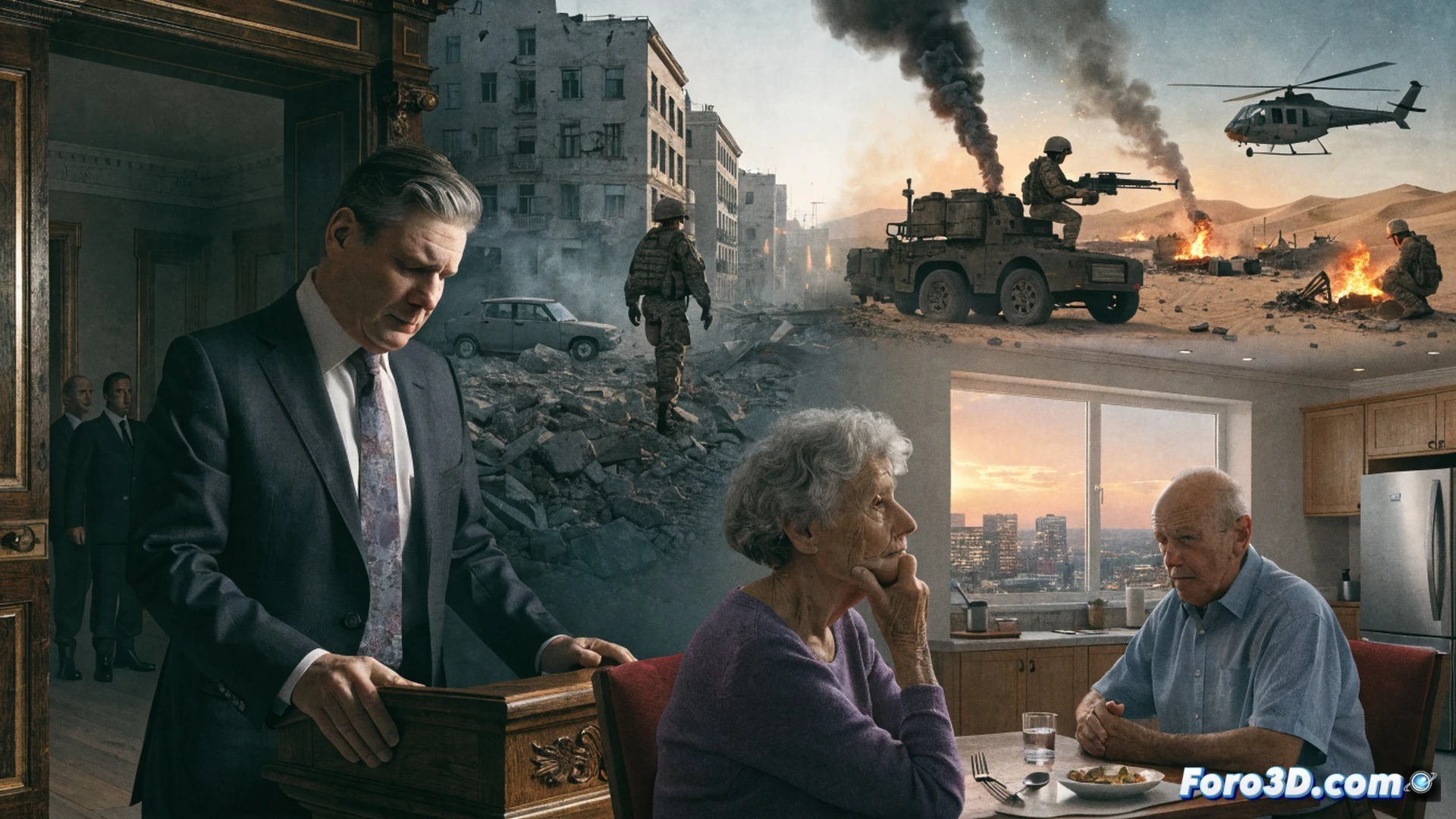cinematic wide shot of a British politician in a dark suit standing at a lectern, one hand raised in a cautionary gesture, while behind him a transparent digital map shows missiles crossing from Ukraine toward Iran, with household energy bills and grocery receipts floating upward like smoke, the lectern surface displays a glowing tablet showing a budget spreadsheet with red declining lines, photorealistic political documentary style, dramatic chiaroscuro lighting, deep shadows, subtle lens flare, ultra-detailed fabric textures, serious ambient atmosphere, technical illustration of geopolitical domestic impact