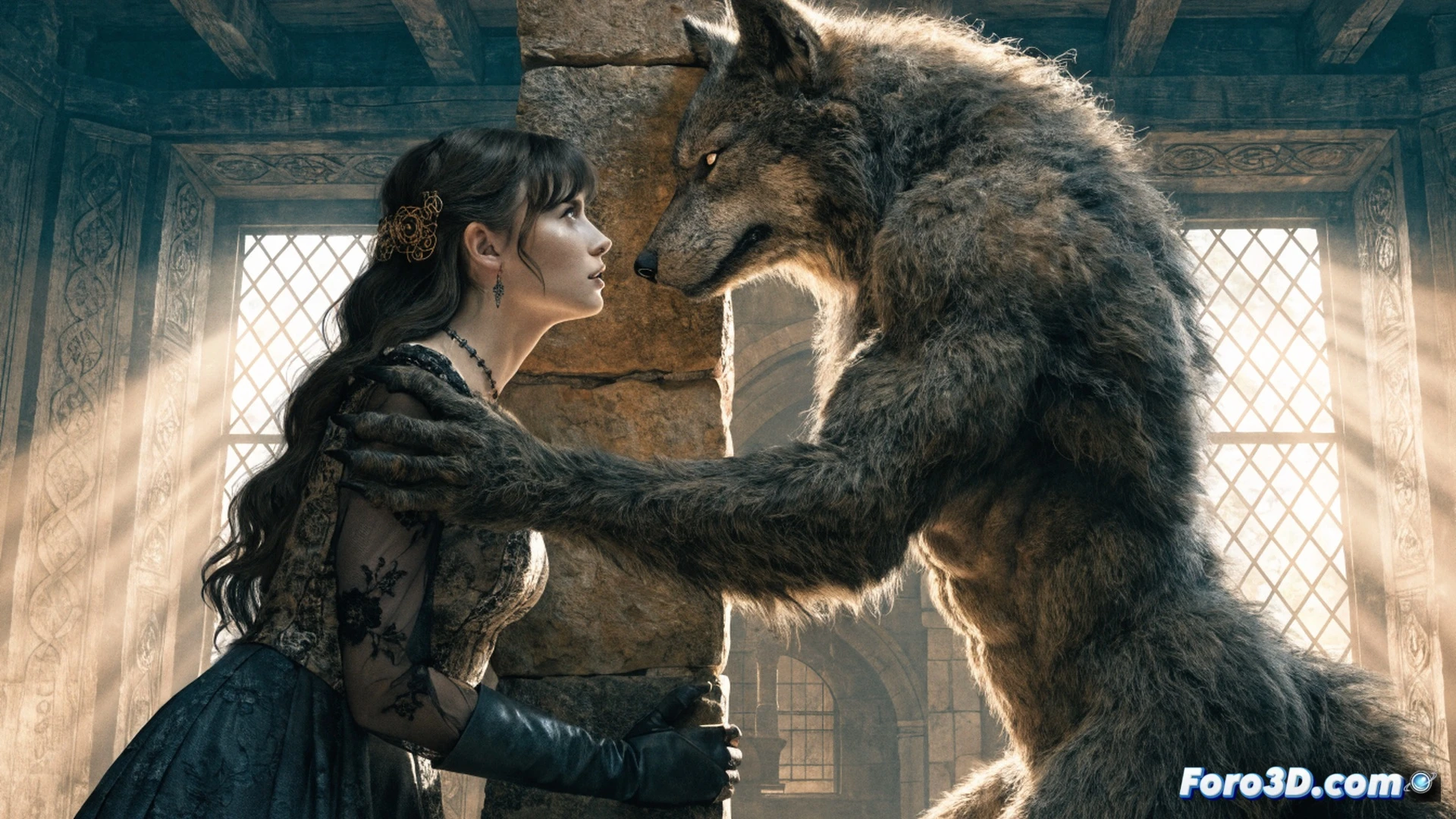 Victorian ballroom transformed into moonlit forest clearing, a regency-era princess in torn silk gown held captive by a towering wolf king with glowing amber eyes, his clawed hand gripping her shoulder while she defiantly grips a silver dagger, moonlight casting dramatic shadows, cinematic epic fantasy style, photorealistic textures on fur and lace, mist swirling around ancient oak trees, romantic tension between gothic architecture and wild nature, ultra-detailed supernatural romance atmosphere, dramatic chiaroscuro lighting, technical cinematic visualization