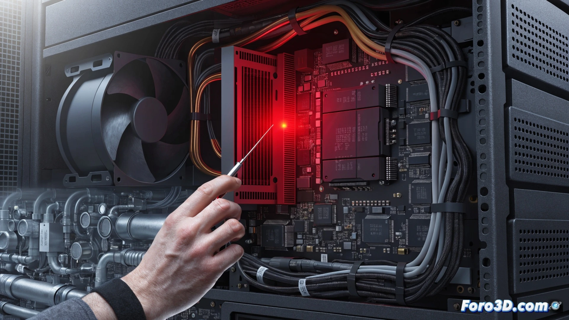 Steam Machine gaming console with transparent casing, GPU chip glowing bright red, internal fan stopped mid-spin, user holding a screwdriver while pausing before repair, motherboard with visible heat damage near graphics processor, dim ambient light from monitor showing error screen, technical illustration style, photorealistic render, dramatic shadowing, sharp focus on red LED indicator, scattered thermal paste residue, anti-static wrist strap dangling, cold metallic surfaces reflecting faint light, ultra-detailed PCB traces, cinematic composition