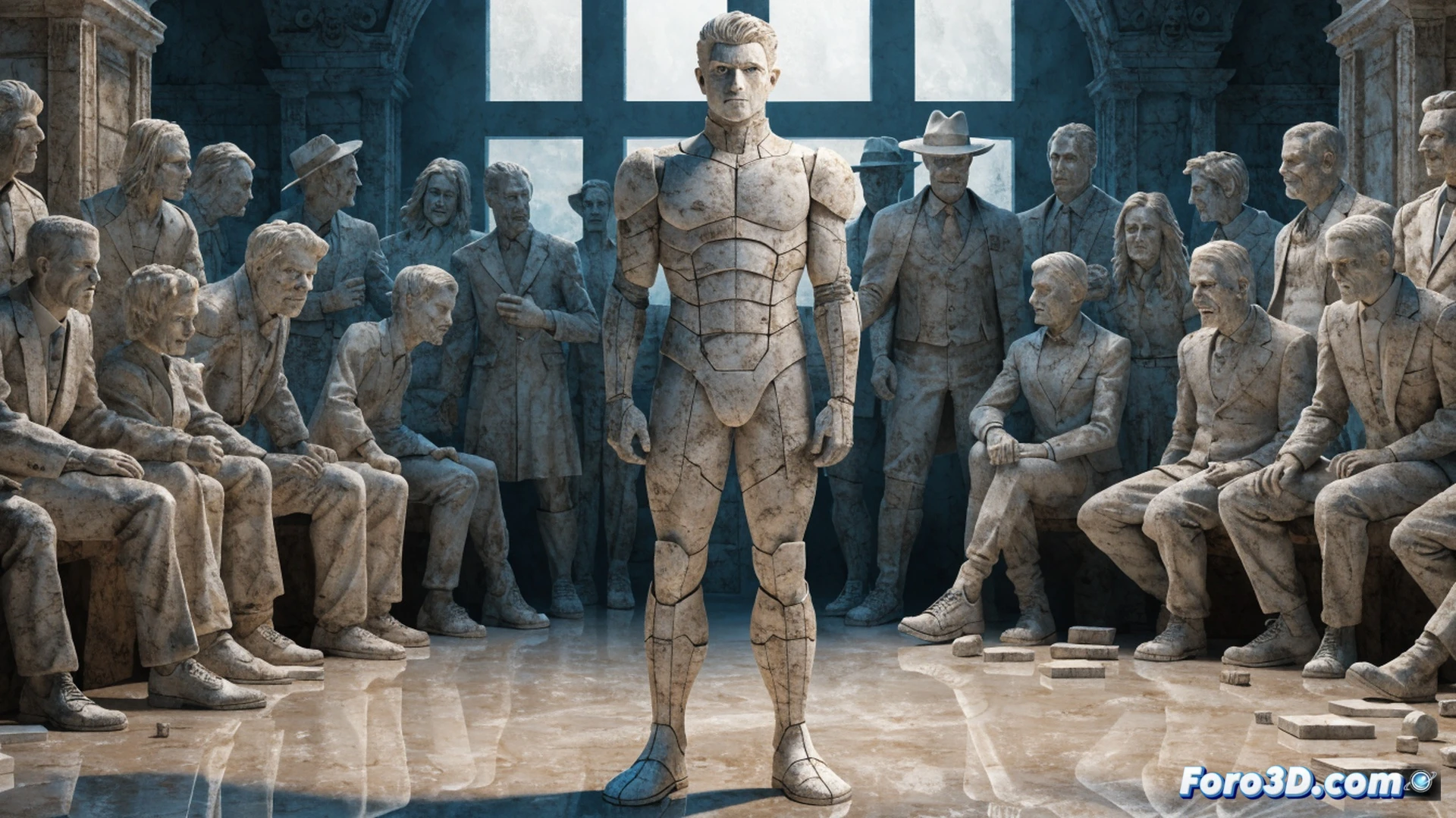comic book panel style, Stone Boy character frozen in mid-action during a superhero team meeting, his entire body transforming into rough grey stone while other Legion members gesture in panic, retro silver-age comic aesthetic, flat cel shading, bold ink outlines, vintage color palette of reds blues and yellows, dramatic comic book action pose, stone texture spreading across his costume, frozen motion effect, teammates reacting with exaggerated expressions, classic DC comic visual style, high contrast lighting, sequential art composition, nostalgic printed comic texture