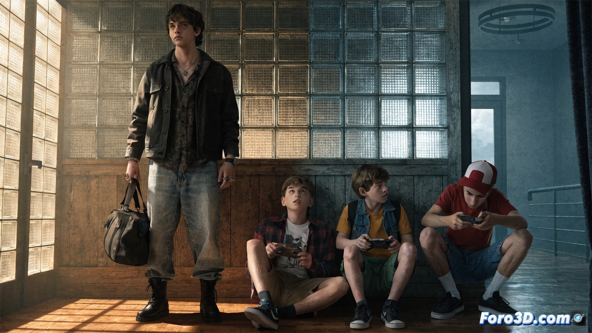 Cinematic scene showing four teenage boys in a dark Hawkins basement, three frozen mid-laugh playing Dungeons & Dragons with plastic miniatures and dice, their faces identical to 1983 versions, while the fourth boy stands apart near a flickering lamp, his silhouette visibly taller and older, one hand touching a charcoal sketch of a shadow monster on graph paper, the other holding a broken walkie-talkie, technical details include a glowing CRT monitor showing static, scattered D&D manuals with worn edges, a soldering iron cooling on a workbench, photorealistic 1980s basement lighting, dramatic chiaroscuro, dust motes in light beam, emotional isolation contrasted with static nostalgia, ultra-detailed textures of wood paneling and carpet fibers