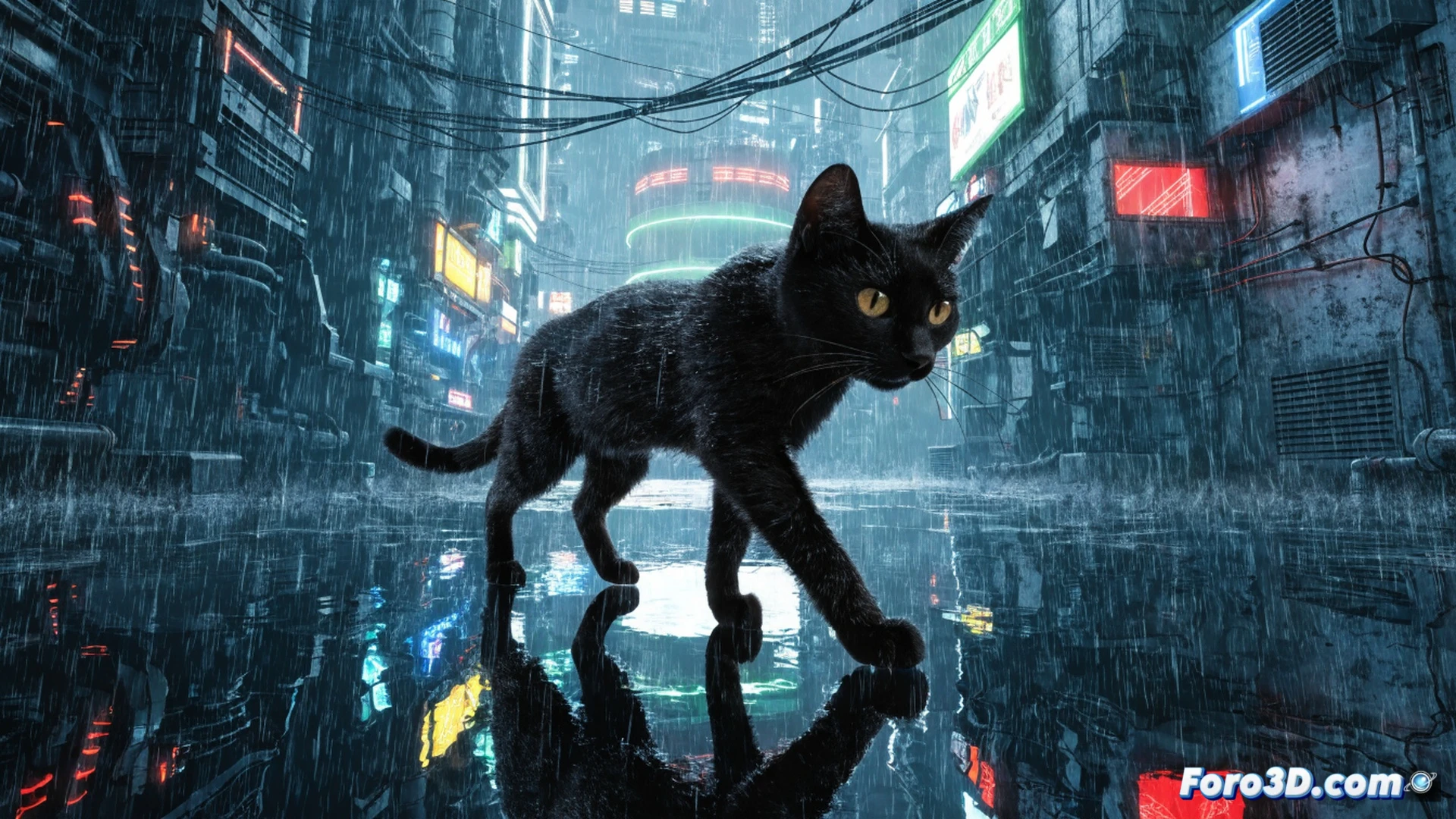 stray cat leaping across a rain-soaked neon alley, wet fur simulation with Maya and ZBrush precision, paws splashing in a puddle reflecting a holographic sign, Unreal Engine 4 dynamic lighting, glowing blue and pink reflections on wet concrete, cinematic photorealistic technical visualization, raindrops hitting the cat's back creating motion blur, water droplets suspended in mid-air during the jump, realistic wet fur strands and muscle tension visible, dark cyberpunk atmosphere with high-contrast illumination