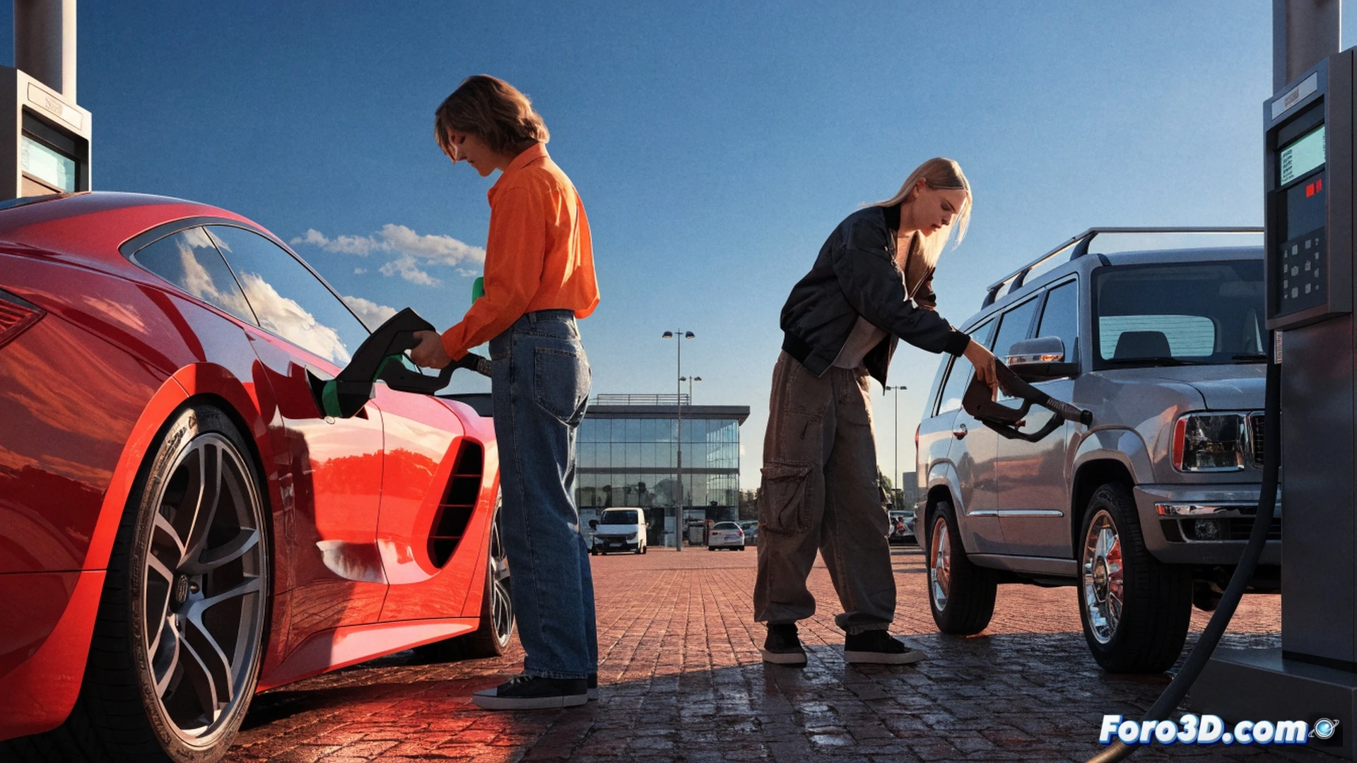 gasoline pump nozzle inserted into a car fuel tank, red fuel hose curving under bright station canopy, digital price display showing rising numbers while a driver holds a smartphone comparing fuel prices on a navigation app, low-cost gas station sign in background with lower price, empty wallet placed on the car roof, cinematic photorealistic technical illustration, golden hour sunlight casting long shadows, polished metallic surfaces, hyper-detailed fuel pump mechanics, subtle motion blur from passing traffic, dramatic contrast between expensive and budget fuel options
