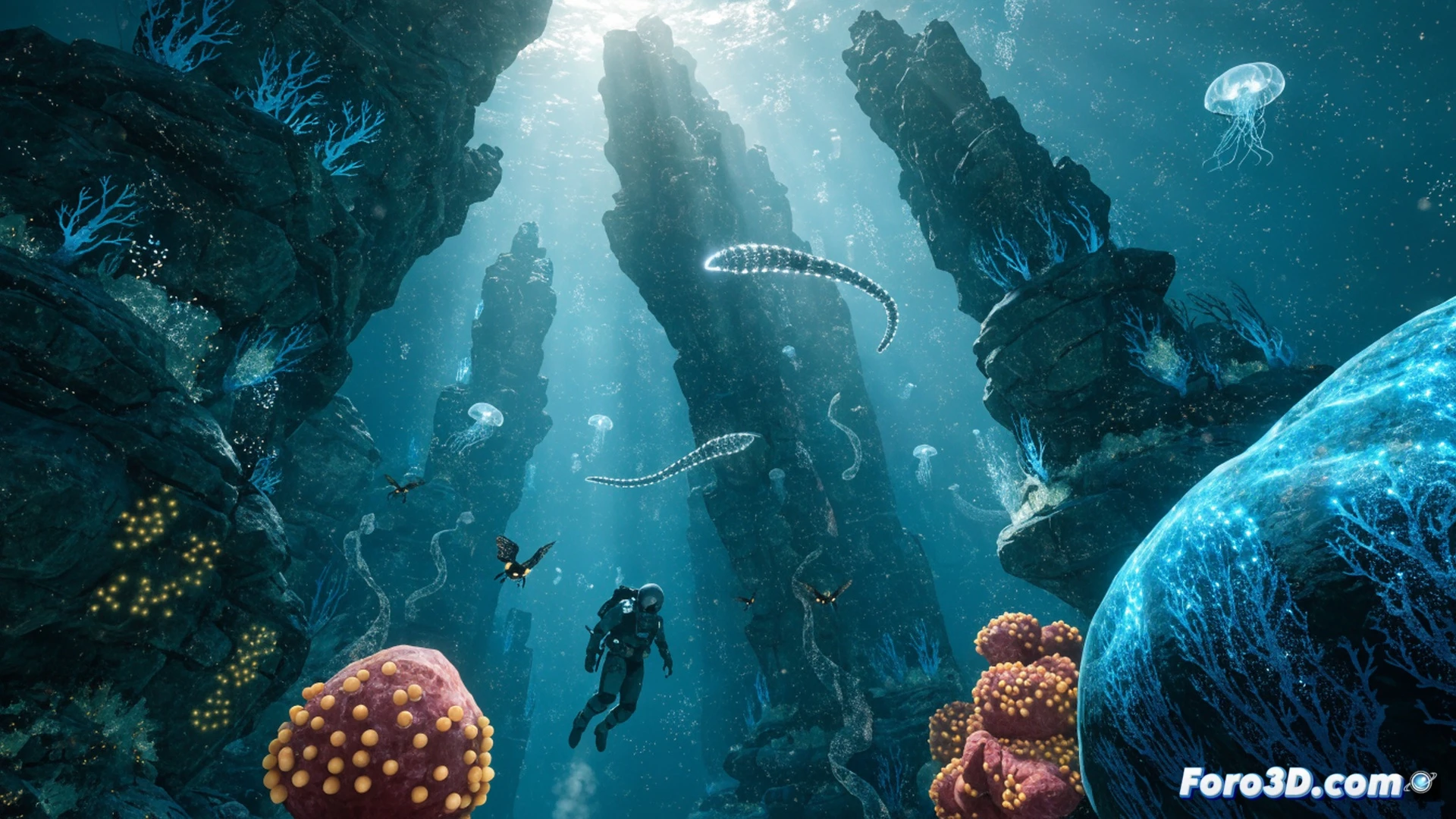 bioluminescent alien fish swarm swimming through underwater crystal cavern, dynamic light rays from surface penetrating deep ocean, glowing cyan and purple creatures casting complex shadows on rocky seabed, Unreal Engine 5 volumetric lighting and refraction effects demonstrated, submarine pilot inside glass dome observing creatures while scanning with holographic sonar tool, cinematic photorealistic technical illustration, water particles scattering light, realistic caustics on metallic submarine hull, ultra-detailed organic textures, dramatic deep-sea atmosphere, high-contrast illumination