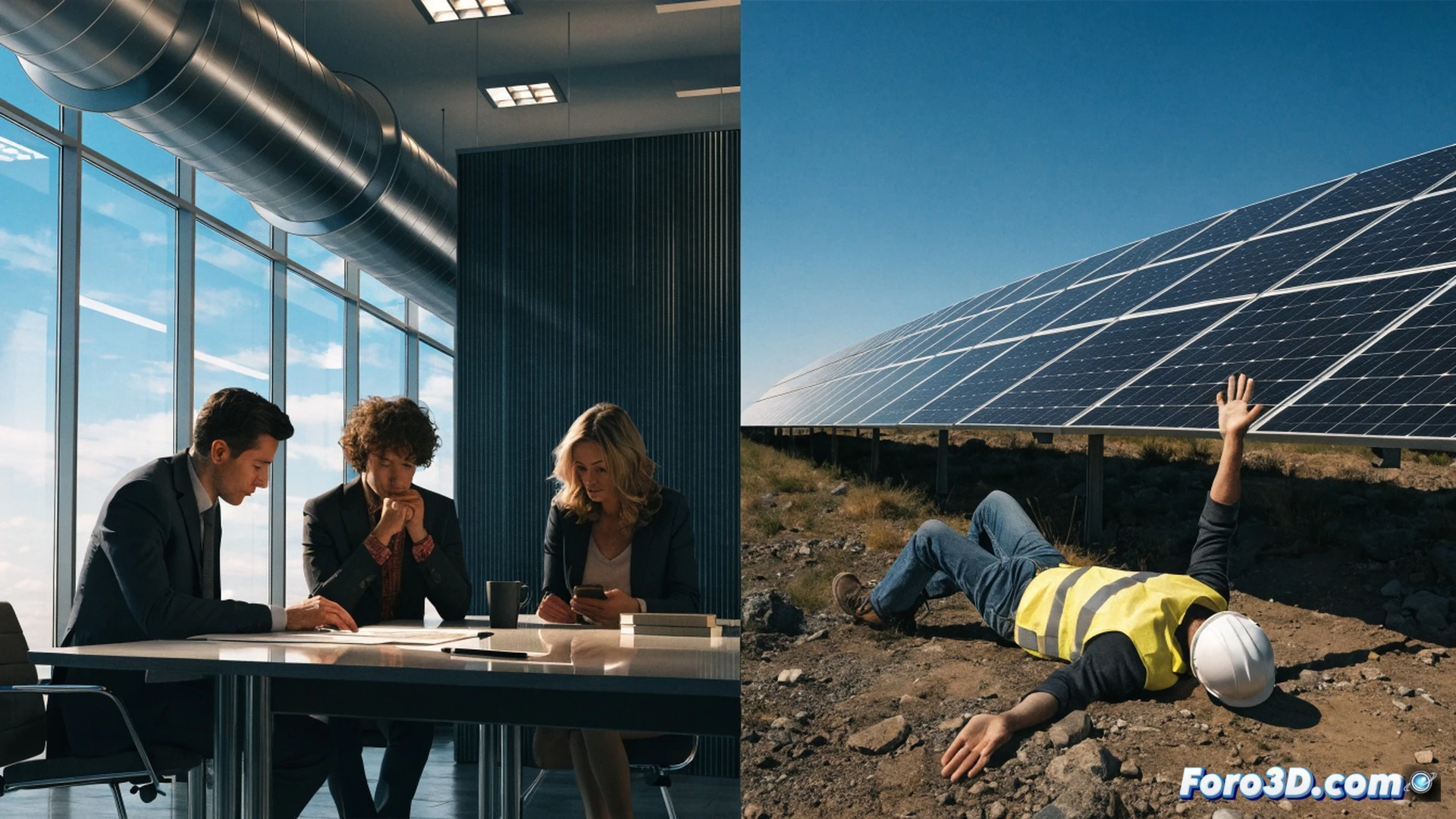 industrial solar panel installation scene, a worker in worn safety gear falling from a tilted photovoltaic array while gripping a loose cable, broken safety harness dangling, supervisor pointing at a damaged inverter in background, solar modules with cracked glass and exposed wiring, muddy ground with scattered tools and unsecured ladders, dark storm clouds overhead casting harsh shadows, photorealistic technical illustration style, dramatic cinematic lighting, extreme detail on frayed cables and rusted bolts, high contrast between bright solar panels and gloomy environment, documentary photography aesthetic