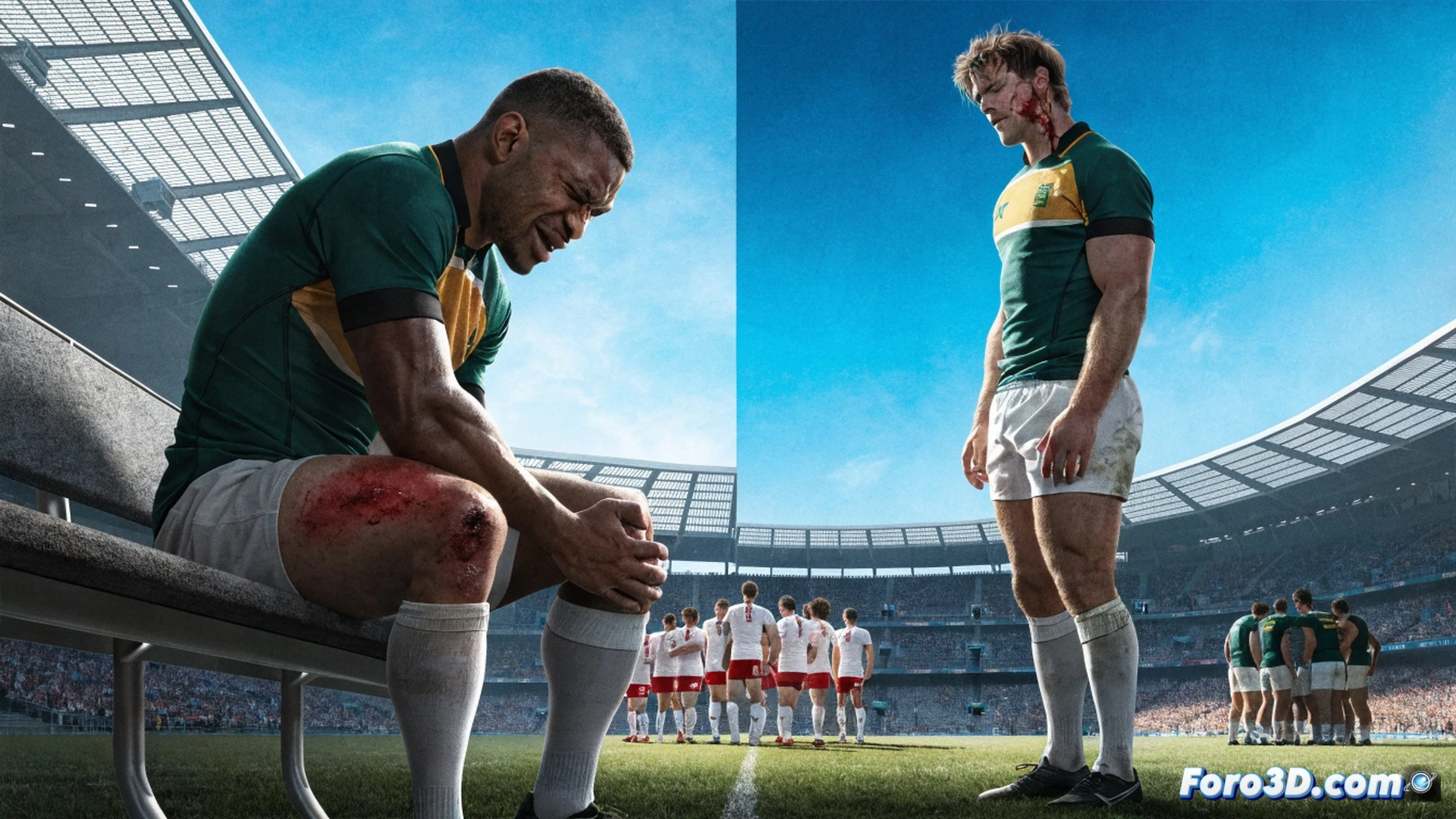 rugby field during a tense match moment, two empty jersey numbers 6 and 4 lying on the grass near the sideline, medical staff removing a shoulder brace and a head bandage from a bench, tactical whiteboard showing crossed-out player names, stadium floodlights casting long shadows, photorealistic sports documentary style, dramatic low-angle shot, sweat droplets on grass, abandoned captain armband on a chair, technical gear scattered, cinematic lighting, ultra-detailed fabric textures, motion blur of distant players