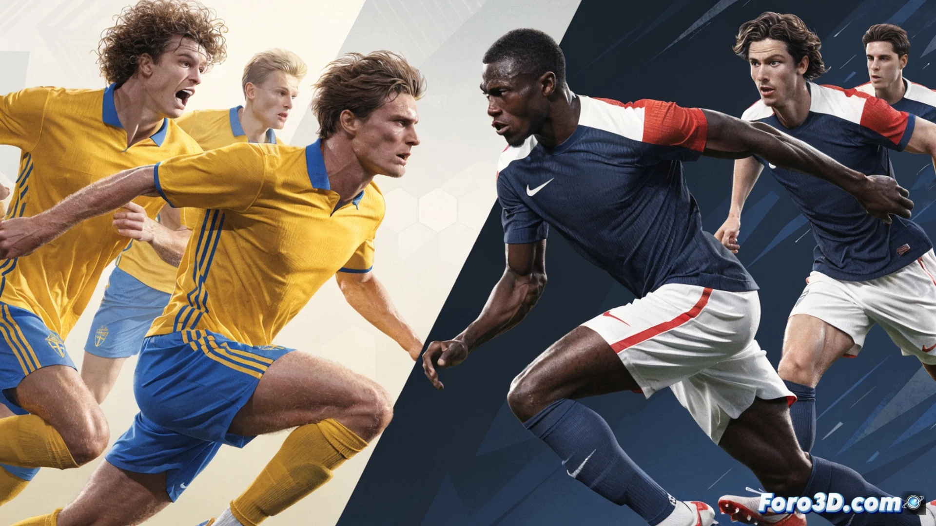 young Swedish player diving desperately to block a powerful French shot, sweat flying from face, hands stretching toward the ball, defensive wall forming with tense muscles, stadium floodlights casting dramatic shadows on green pitch, tactical diagram overlay showing defensive formation, motion blur on fast-moving ball, cinematic photorealistic sports visualization, ultra-detailed jersey textures, dramatic low-angle shot, high contrast lighting, intense focus on effort and desperation, no text or numbers visible