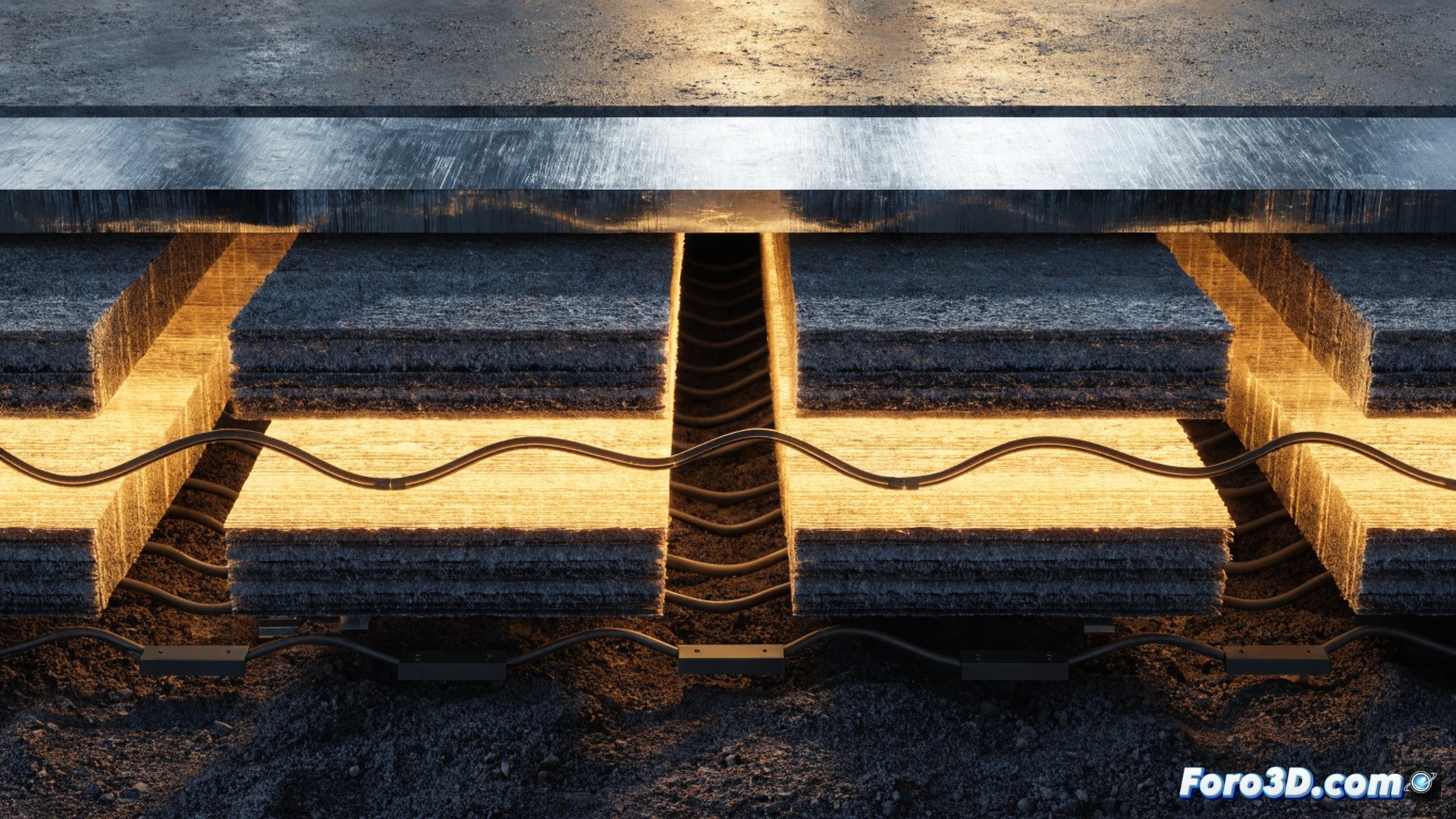Installation of dry underfloor heating with graphite plates, worker placing interlocking graphite panels on wooden subfloor, copper pipes being pressed into pre-cut grooves, thermal conductivity visualization showing heat spreading evenly across surface, infrared temperature overlay demonstrating rapid warmth, no concrete pouring required, clean dry construction process, tools: utility knife and roller nearby, cinematic technical illustration, photorealistic engineering visualization, warm orange heat glow contrasting with cool blue ambient room, sharp focus on panel texture and pipe routing, dramatic side lighting emphasizing material layers