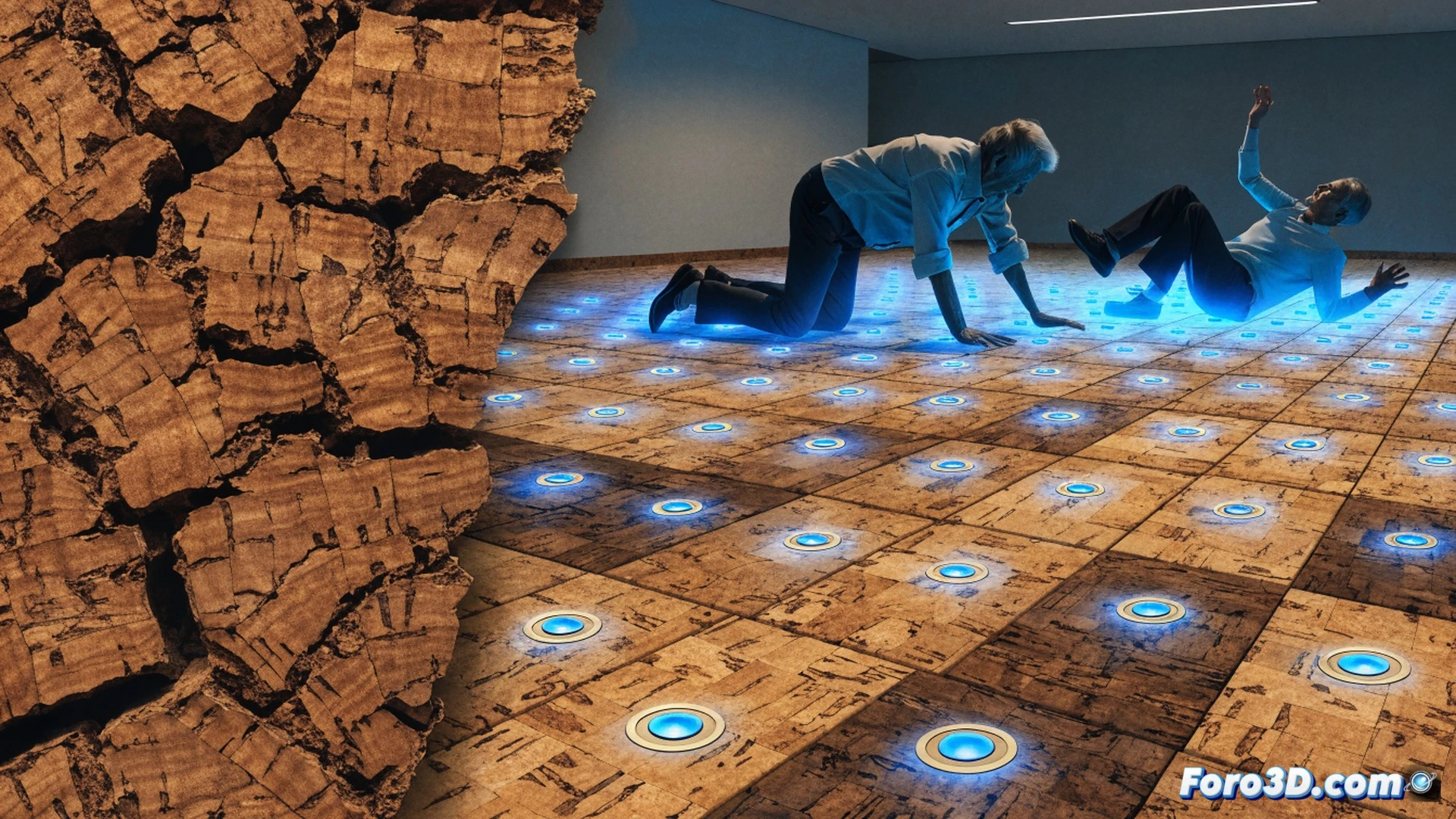 A elderly person falling onto a floating cork floor panel, ceramic sensor layer glowing blue under the cork surface detecting impact, real-time alert signal visualized as a bright pulse traveling through embedded wires to a wall-mounted monitoring device, cross-section cutaway showing cork granules and piezoelectric ceramic discs, safety railing in background, technical engineering visualization, photorealistic render, cinematic lighting with warm room tones contrasting cool blue sensor glow, detailed material textures, dramatic emphasis on the moment of impact detection