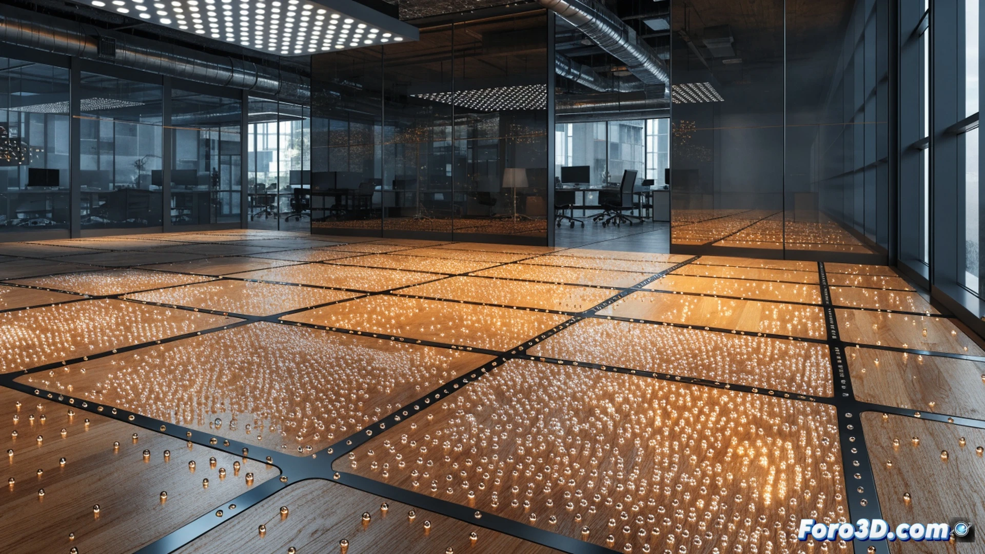 cross-section of an office floor panel showing dense wood matrix with embedded microcapsules, daytime scene with heat waves rising from the floor surface while capsules glow orange absorbing thermal energy, cutaway technical illustration revealing internal phase-change material structure, photorealistic engineering visualization, warm sunlight streaming through window, worker feet stepping on panel, cool blue ambient light contrasting with warm capsule glow, ultra-detailed wood grain texture, microscopic capsule detail visible in magnified inset, realistic thermal simulation, cinematic industrial lighting, shadows indicating afternoon sun