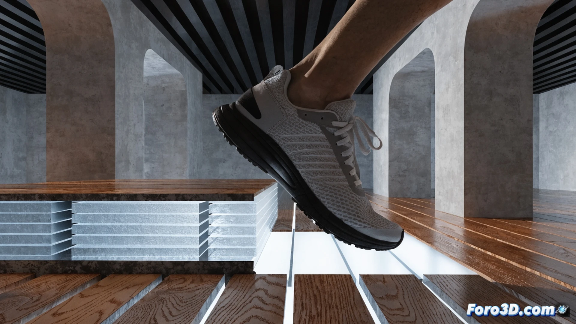 A person walking on a modern engineered wood floor, cross-section view showing thin ceramic piezoelectric layers beneath the wood planks, each footstep generating a visible glowing electrical charge traveling through embedded circuits to power integrated LED strip lights along the hallway baseboard, photorealistic technical illustration, dramatic low-angle perspective, warm interior lighting contrasting with cool blue electrical glow, ultra-detailed wood grain and ceramic layers, realistic energy flow visualization with subtle particle effects, cinematic engineering render