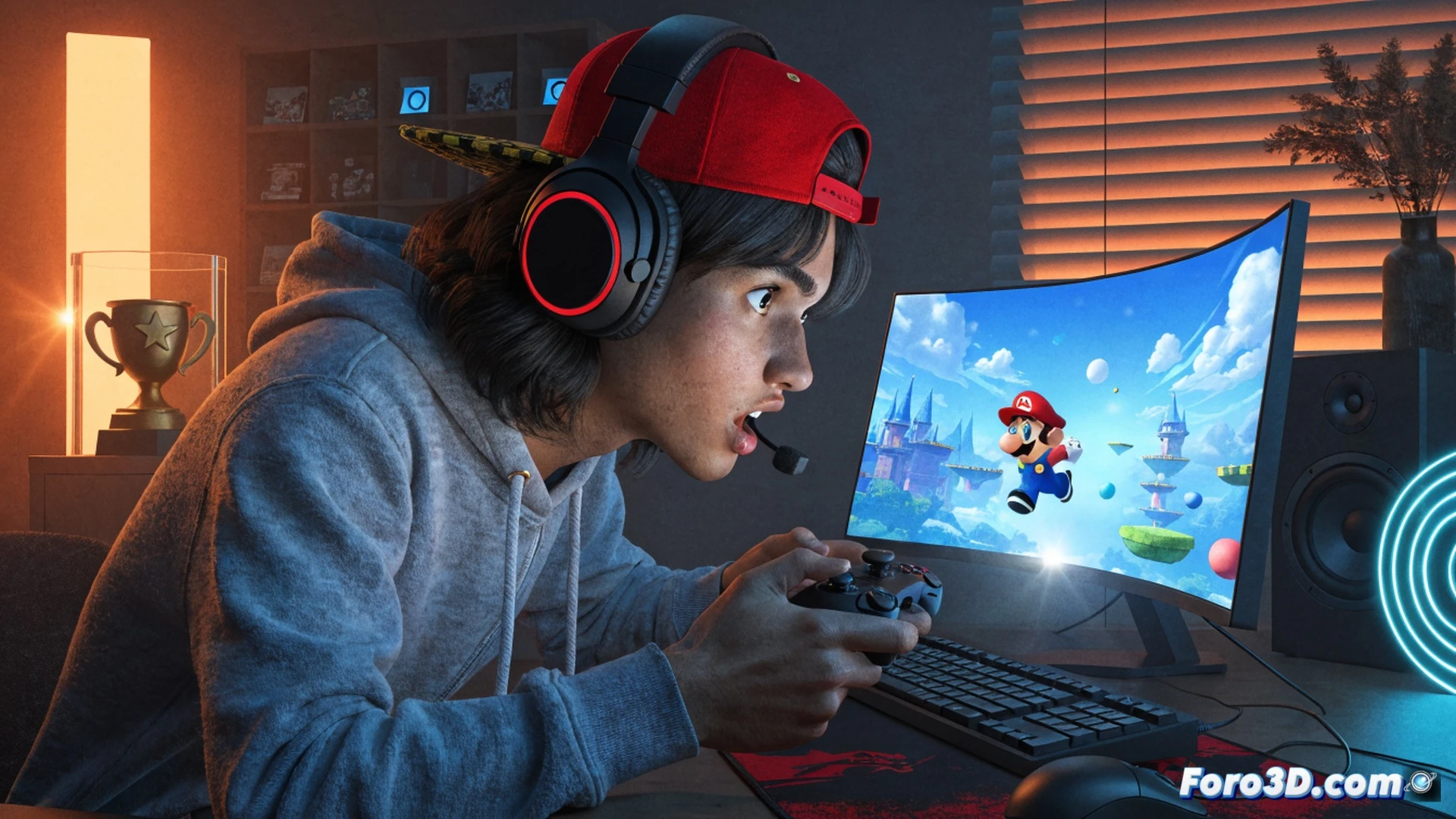 Super Mario 64 speedrunner hands gripping a worn Nintendo 64 controller, thumb pressing the A button intensely, CRT monitor displaying the final Bowser battle at 14:32, gameplay timer frozen mid-frame, controller cable coiled near a dusty console, sweat on fingers, focused expression visible through reflection in screen, cinematic technical illustration, dramatic low-angle lighting, photorealistic render, motion blur on character jumping, retro gaming hardware details, worn joystick texture, cathode ray tube scan lines glowing