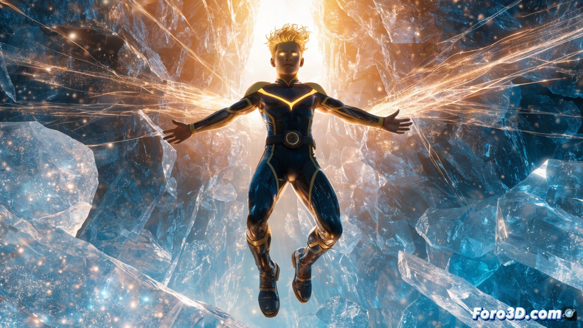 Sun Boy generating intense solar heat and light from his hands, golden energy waves radiating outward while he floats above a futuristic Legion headquarters console, holographic solar system data flickering around him, classic Legion costume with high collar and sun emblem glowing, cinematic comic book style, dramatic backlighting from his own solar aura, golden and orange color palette, dynamic pose showing power release, realistic fabric textures on suit, metallic details on console, photorealistic technical illustration, motion blur on energy waves, glowing particle effects, heroic composition with low angle shot