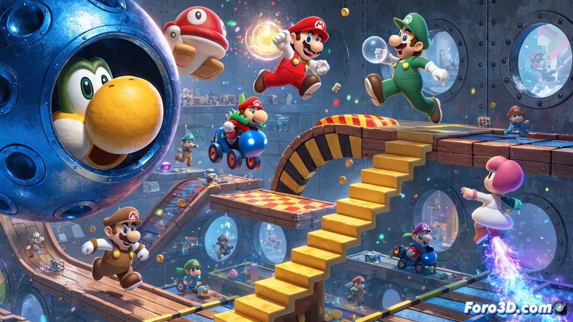 four players competing on a plastic toy-like game board with brightly colored spaces, dice rolling in mid-air while character avatars jump and spin, chaotic minigame action showing rapid hand-eye coordination, vibrant reflections on glossy surfaces, technical illustration style, bright studio lighting, sharp focus on game pieces and motion trails, exaggerated cartoon physics, clean digital render, no text or numbers