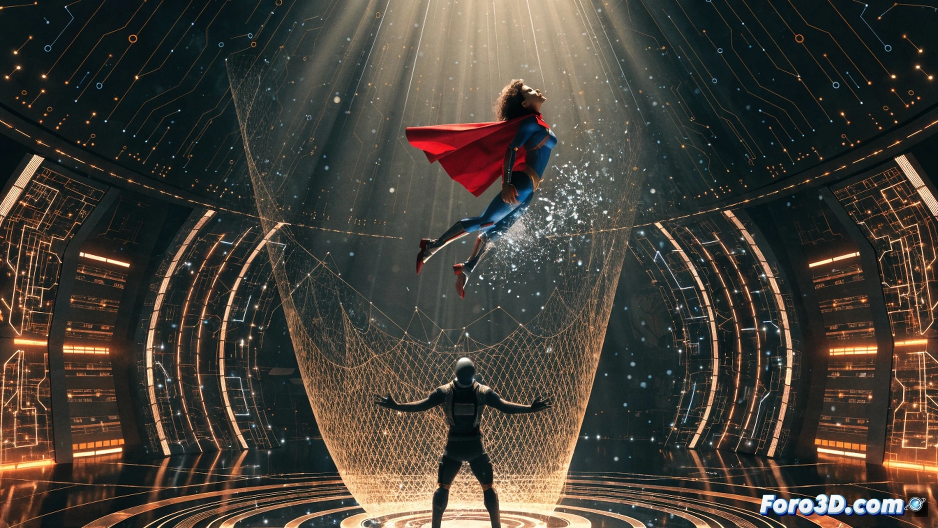 cinematic scene of a superhero figure in mid-air, falling backwards with arms outstretched, a torn red cape trailing behind, while below a mechanical safety net rigging system is being deployed, cables and pulleys visible, a large digital monitor in the background showing a 3D flight path simulation with red error markers, technical engineering visualization, photorealistic render, dramatic low-angle shot, metallic net threads catching light, dust particles in the air, motion blur on the falling figure, dark studio lighting with blue accent lights