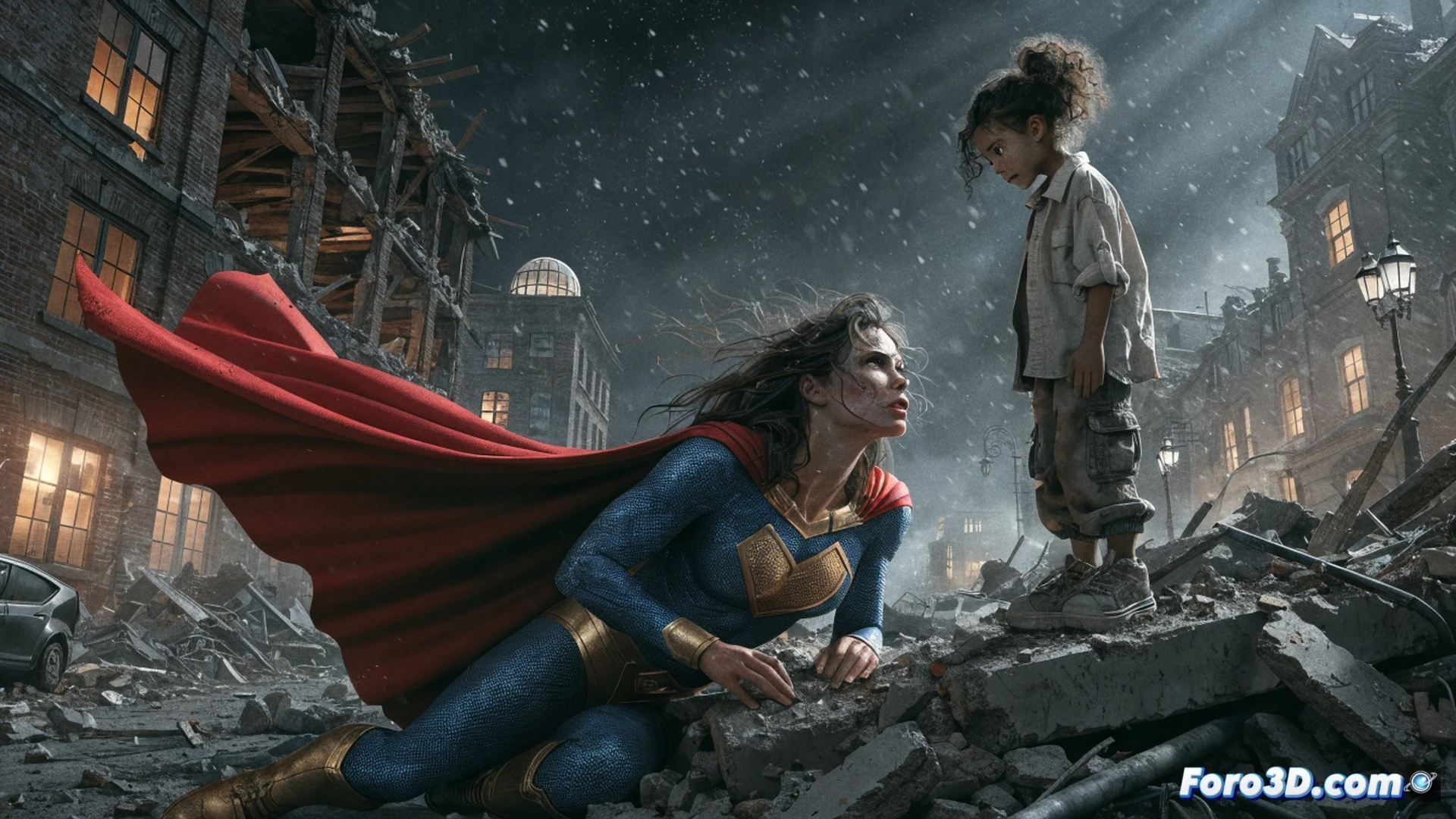 Supergirl debilitada por un sol de kryptonita en el planeta Barenton, mientras una niña alienígena sostiene un escudo improvisado frente a dinosaurios depredadores, durante diez horas de protección continua, mostrando grietas en el escudo por impactos repetidos, con un cielo anaranjado y tormentoso, estilo cinematográfico épico, iluminación dramática de atardecer alienígena, texturas de piel escamosa en las criaturas, polvo levantado por pisadas masivas, composición de acción heroica, photorealistic technical illustration, ángulo bajo enfatizando la vulnerabilidad y resistencia.