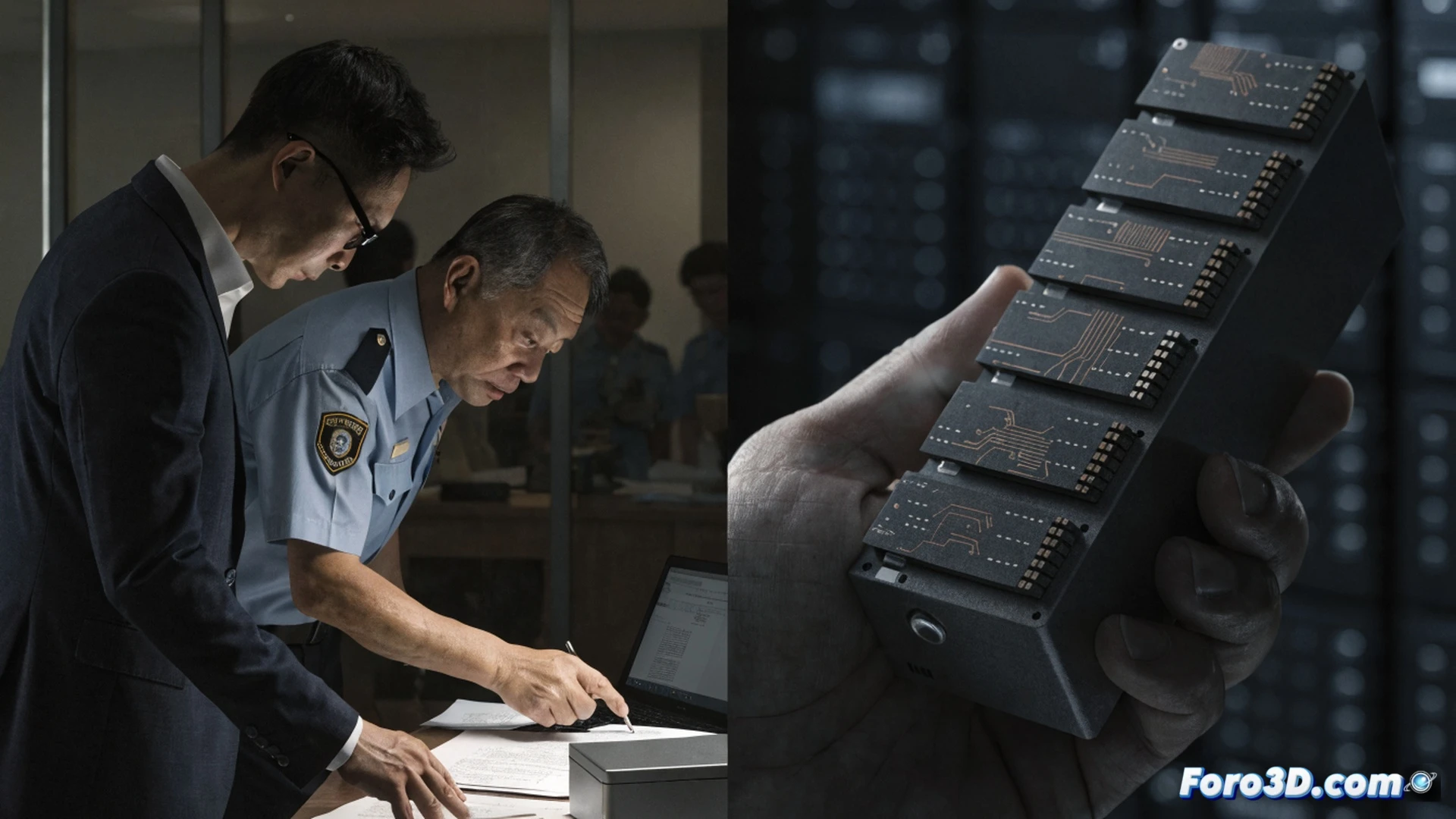cinematic photorealistic scene, Supermicro server racks in a clean room, Taiwanese police officers in blue uniforms examining a disassembled Nvidia GPU, circuit board with exposed chips and cooling fins, a technician pointing at a suspicious component while another worker logs data on a tablet, forensic tools and anti-static mats visible, bright overhead LED lighting casting soft shadows, sterile high-tech environment, security cameras in background, tense professional atmosphere, ultra-detailed hardware textures, metallic surfaces reflecting light, technical engineering visualization