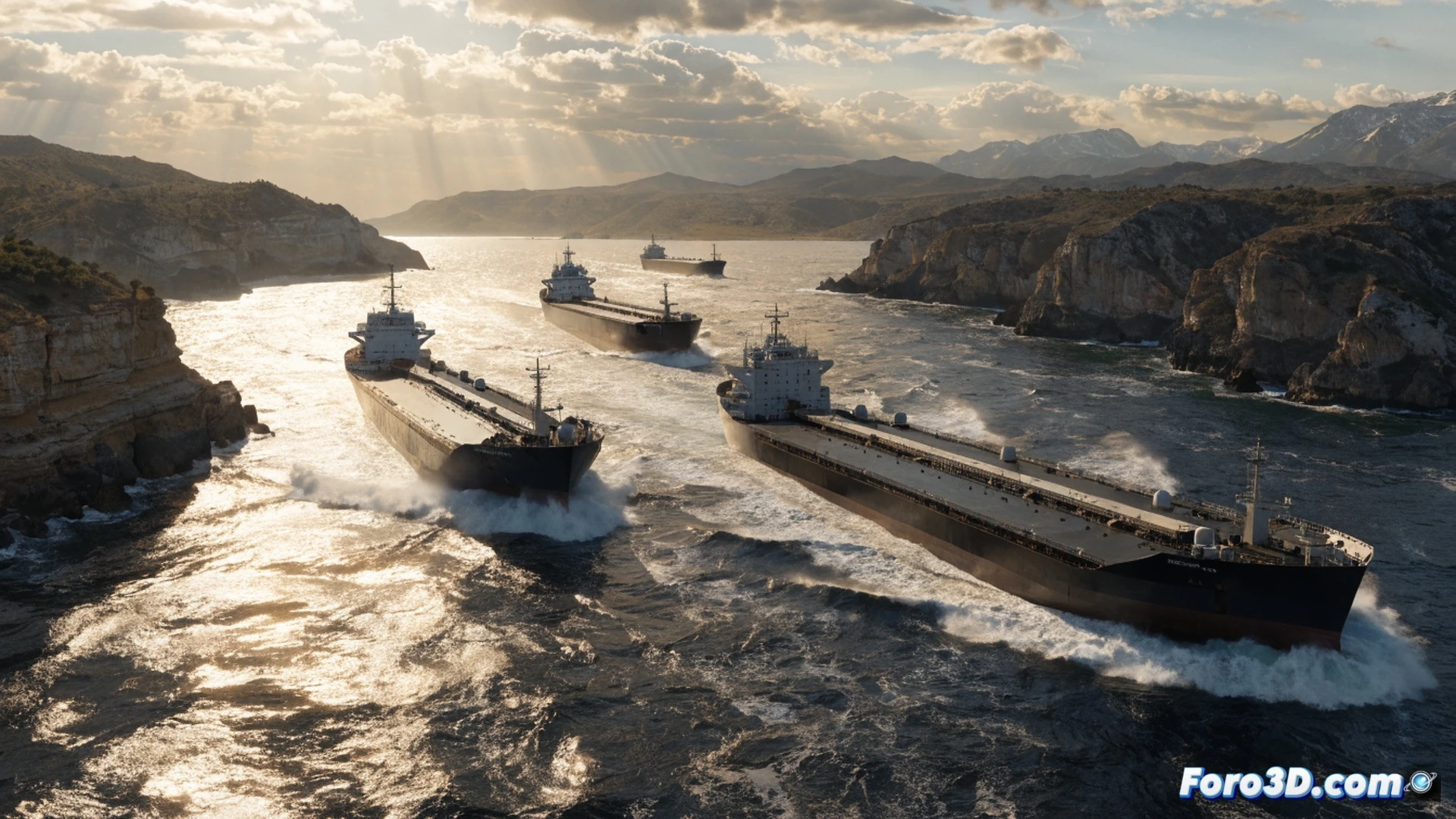 Cinco superpetroleros masivos navegando en formación cerrada por el estrecho de Ormuz, aguas turbulentas golpeando cascos metálicos oxidados, escolta de lanchas rápidas iraníes patrullando cerca, radar naval girando en cubierta mostrando señales de alerta, humo gris saliendo de chimeneas durante maniobra evasiva, horizonte brumoso con plataformas petroleras distantes, estilo cinematográfico fotorrealista, iluminación dramática al atardecer, reflejos anaranjados en el agua, sensación de tensión y movimiento urgente, ultra detallado en texturas marítimas e industriales.