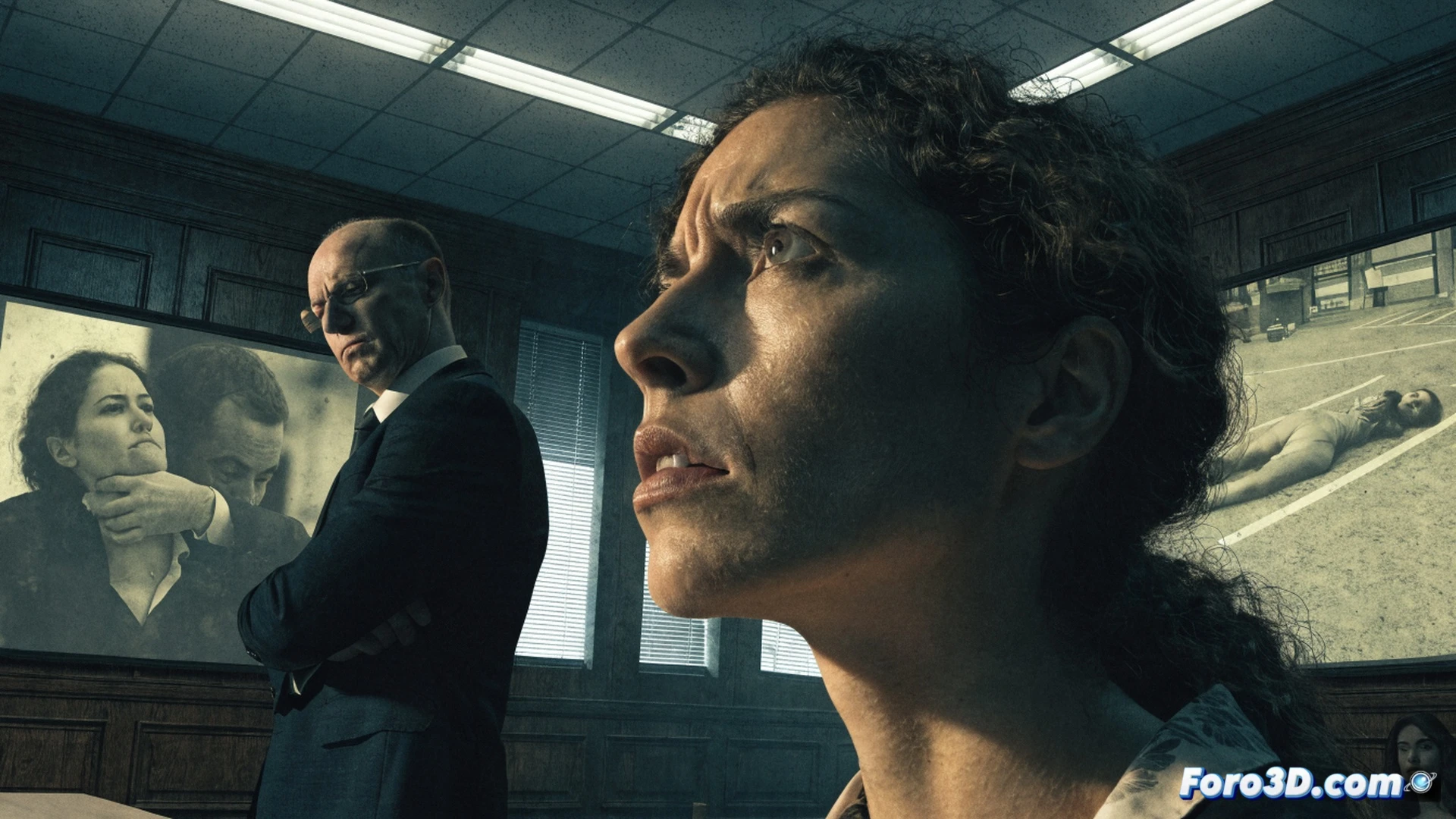 cinematic courtroom scene, woman testifying at witness stand pointing at accused, forensic evidence photos of parking lot displayed on large monitor, jury observing intently, photorealistic style, dramatic chiaroscuro lighting, legal documents and case files visible on wooden table, security camera feed showing empty parking structure on side screen, defense attorney standing with skeptical expression, emotional tension in facial expressions, ultra-detailed textures of courtroom wood panels and fabric, realistic courtroom procedural atmosphere